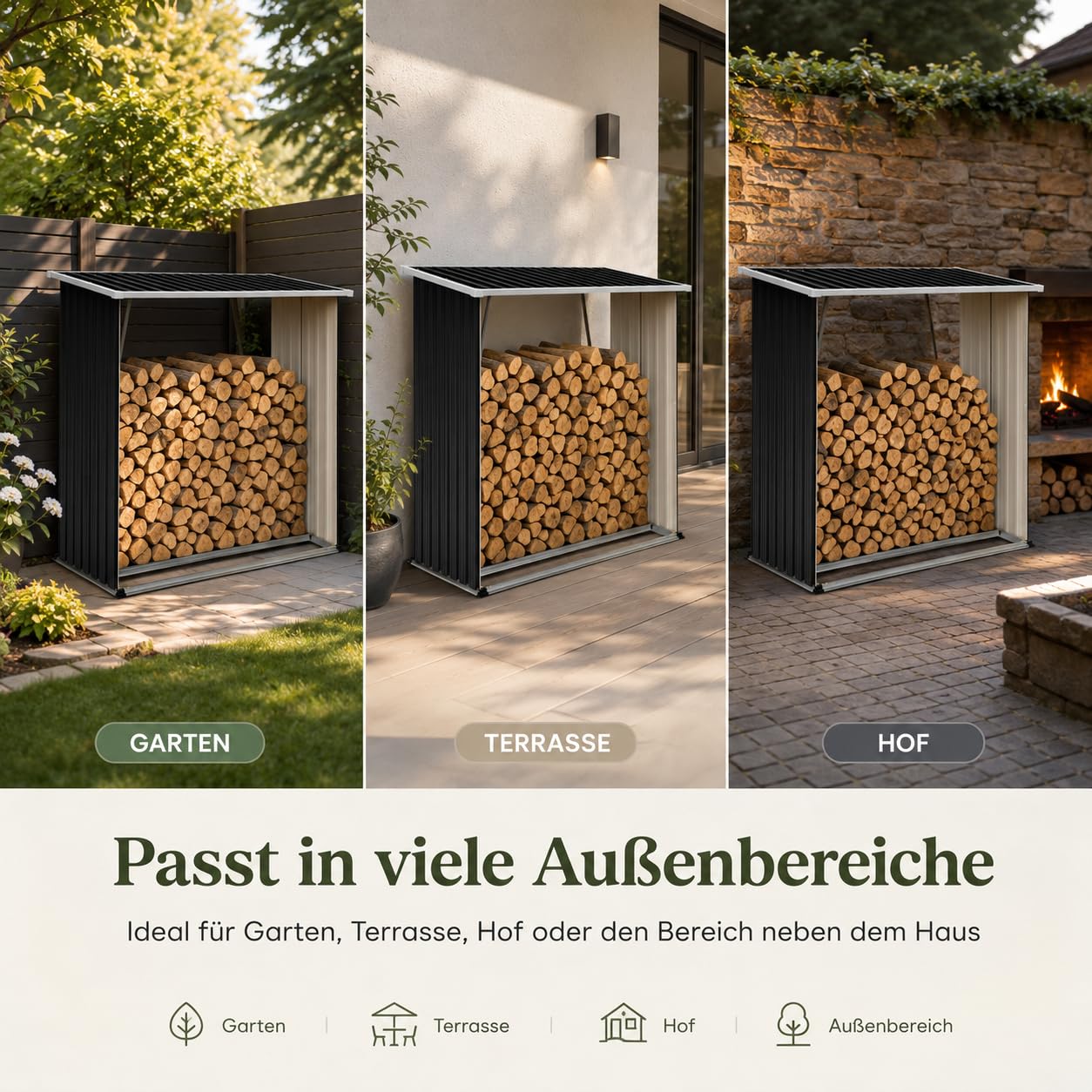 Brennholzunterstand Metall, wettergeeignetes Kaminholzregal mit Dach, erhöhtem Boden und offener Belüftung, Holzlager für Außenbereich
