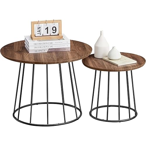 VASAGLE Round Coffee Tables, Set of 2, Modern Circle Side Tables with Steel Frame, for Living Room, Bedroom, Natural Walnut ULCT045K43