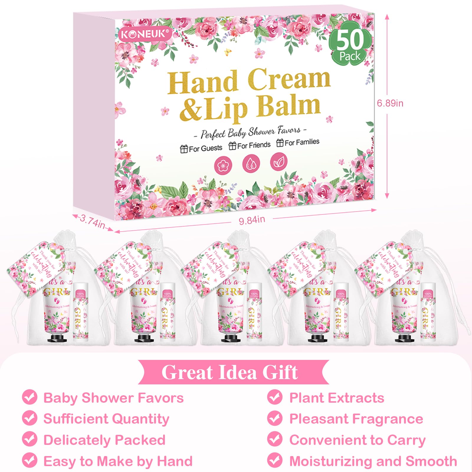 KONEUK 50 Stück Handcreme & Lippenbalsam, Großpackung, Geschenkset, Babyparty & Junggesellinnenabschied, Geschenke mit Dankeskarte & Organzabeuteln, Geschenk-Set