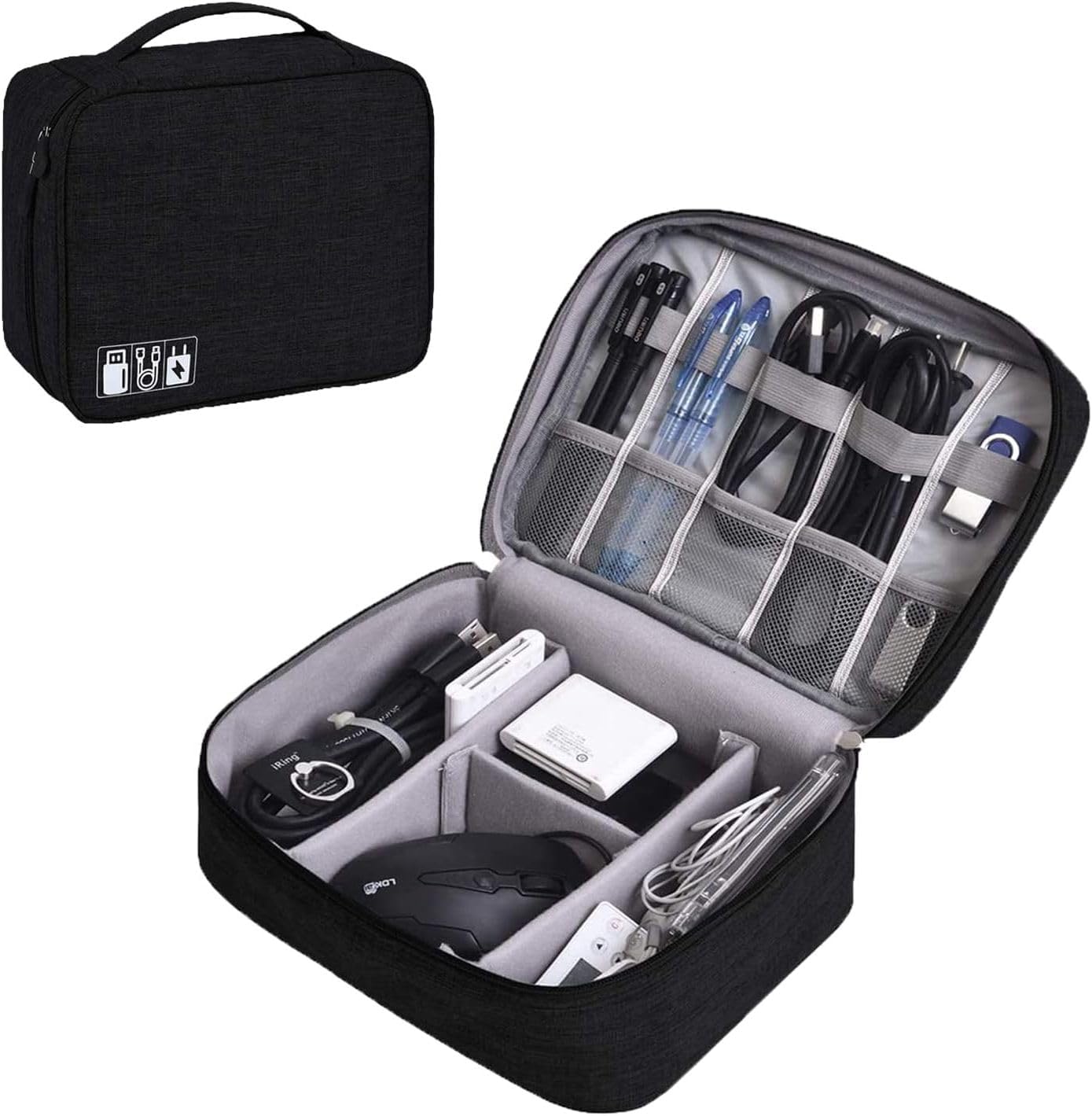COOLBABY Black Electronic Accessory Bag, Travel Cable Organizer with Adjustable Padded Dividers, Waterproof and Shockproof, Universal Cable Organizer for Adapter, Memory Cards, USB Cable