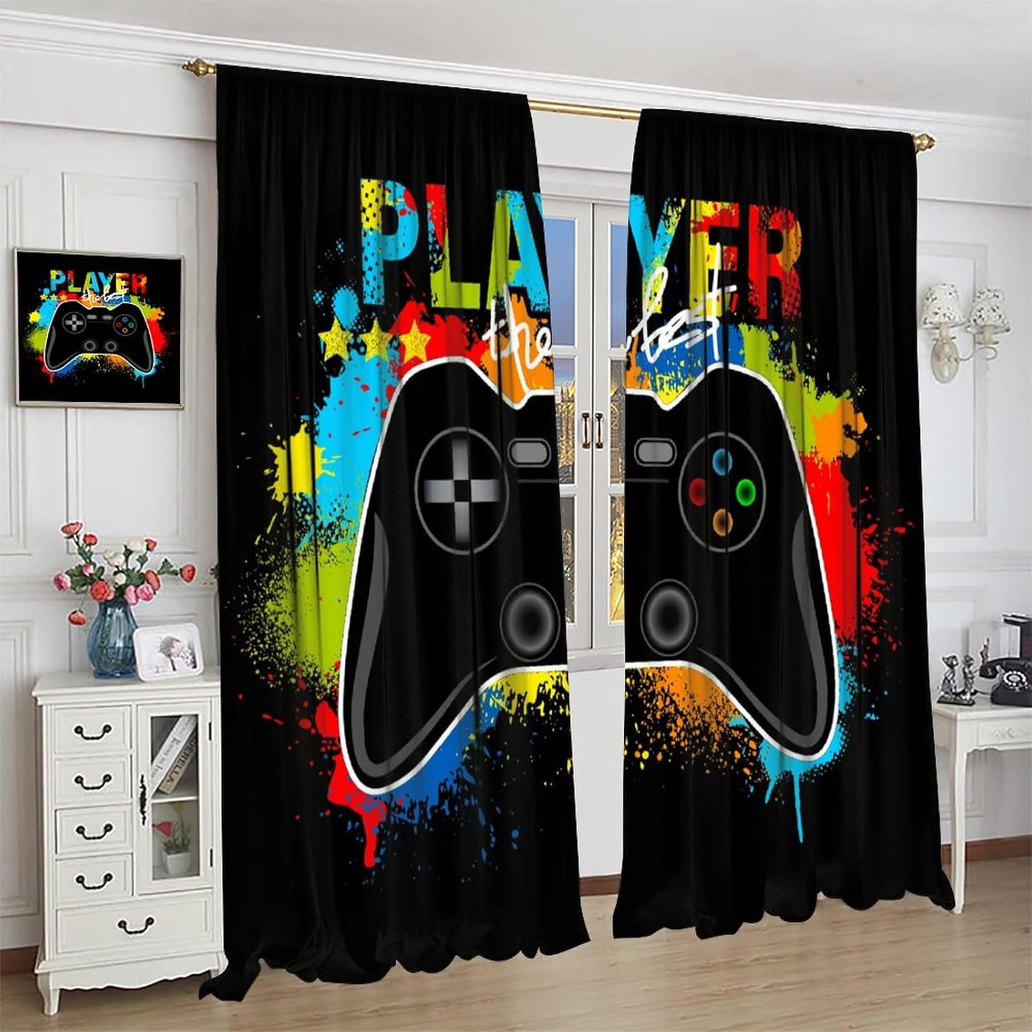 Boys Gaming Curtains,Gamepad Game Controller Décor Curtains for Teens Kids Bedroom Living Room Gaming Room Graffiti Style Window Drapes 2 Panel Set,Total Size 42 x 63 Inch