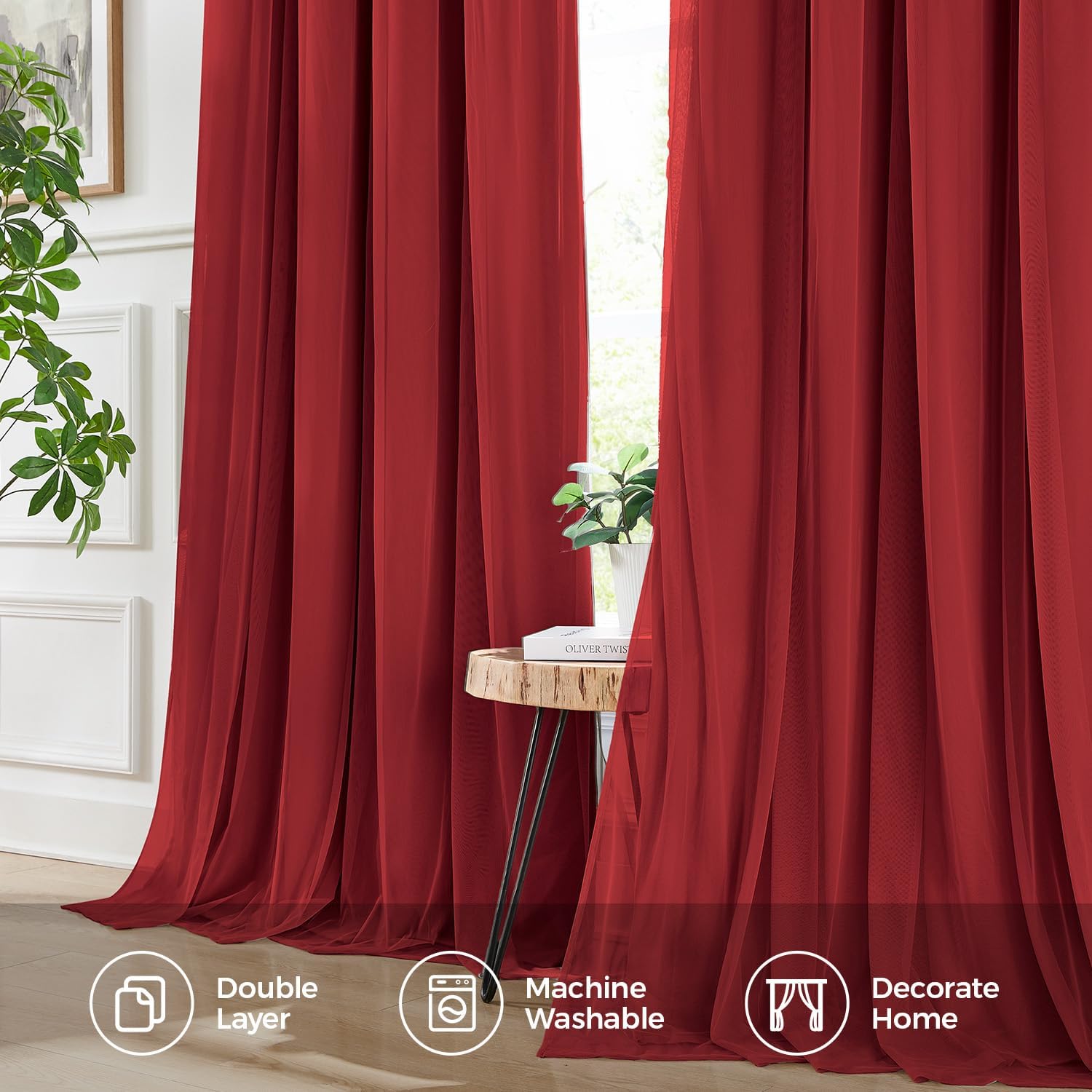 100% Blackout Curtains for Bedroom, Double Layer Red Curtains, Black Out Curtain 84 inch Long with Sheer Overlay for Living Room, Room Darkening Window Drapes with Grommet, 52" W x 84" L