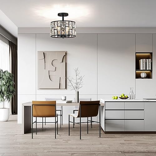 Miniatura 7 de MEXO Lámpara de techo redonda de cristal semiempotrada para montaje cerca del techo, pantalla de tambor, lámpara de techo 3LT para cocina, isla,