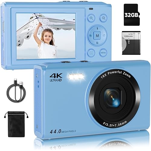 Upgrade Digital Camera, FHD 4K 44MP Autofocus Digital Point and Shoot YouTube Camera with 16X Zoom, 32GB SD Card, Compact Digital Camera Cheap for Teens Boys Girls Kids Blue Camera
