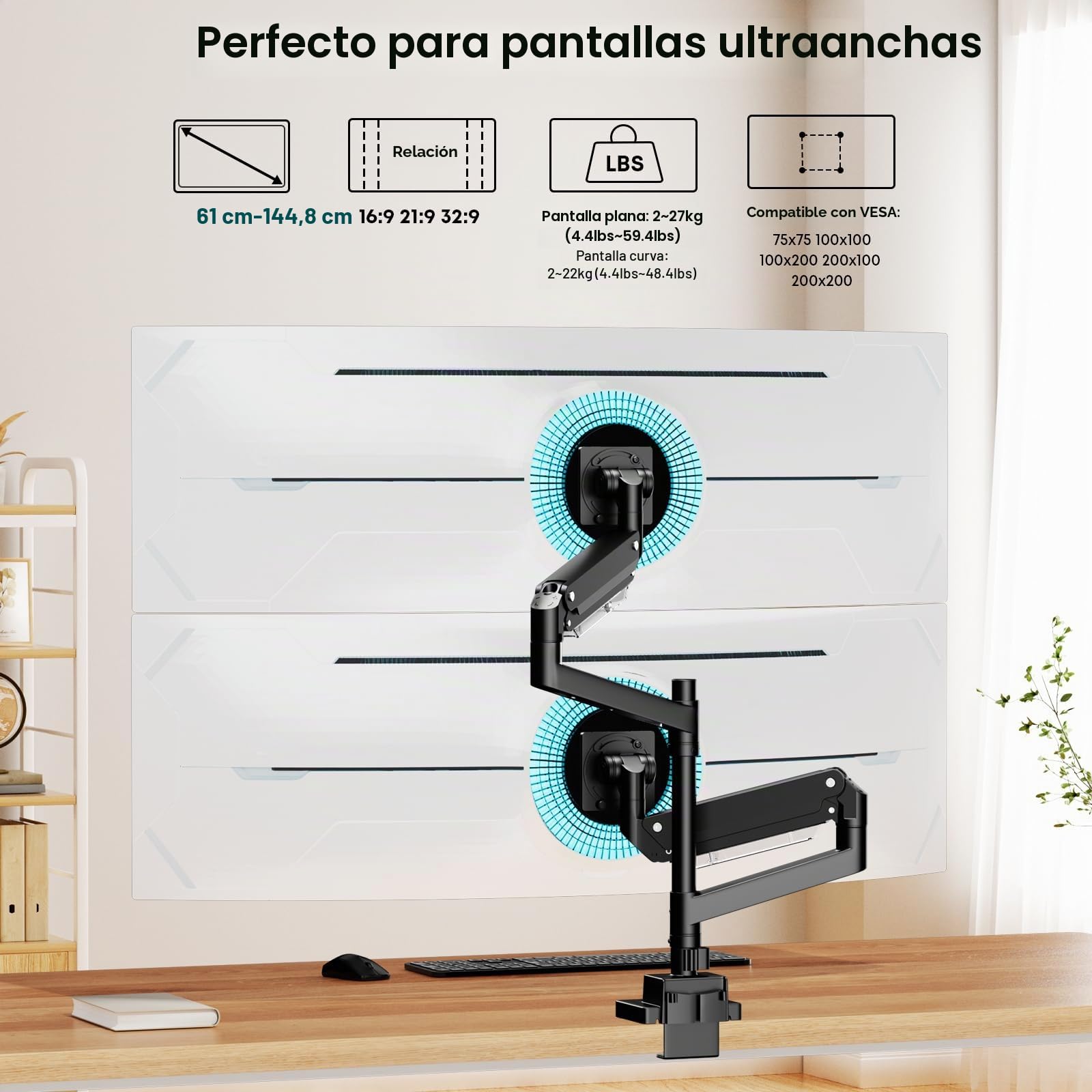 Soporte Monitor Doble Vertical para 24-57-Pulgadas - Brazo monitor doble de alta resistencia compatible con la Mayoría de Monitores Ultrawide, Ajustable Inclinar Girar, Peso 2-27kg, VESA 75/100/200 mm