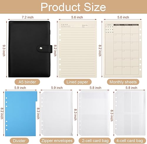 Miniatura 10 de Carpeta de 6 anillos tamaño A5, organizador de cuaderno de piel sintética recargable con 80 hojas de líneas, hojas mensuales, bolsillos y divisores