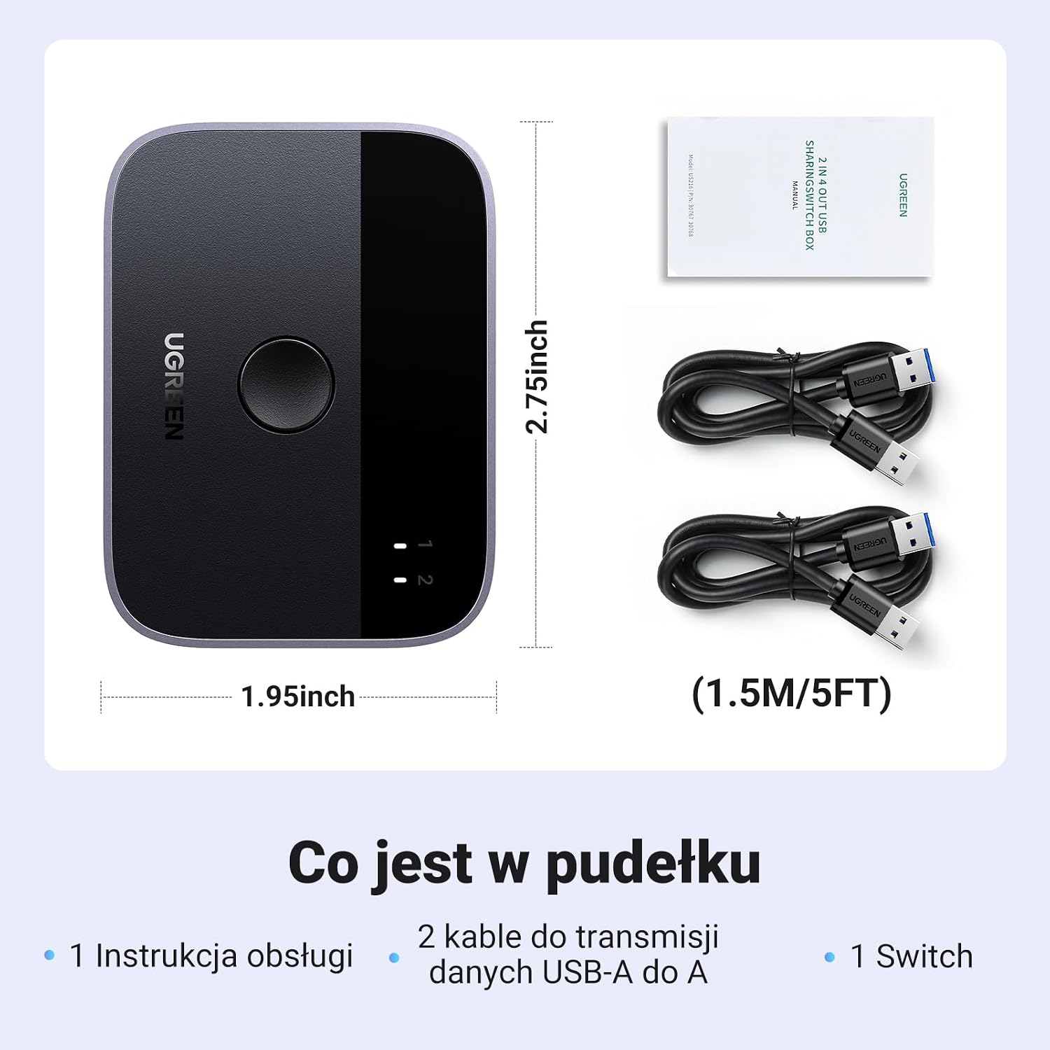 UGREEN USB-переключатель, USB 3.0, 2-в-2 выходы, 2 компьютера совместно используют 2 порта USB для подключения клавиатуры, мыши, принтера, жестких дисков с 2 кабелями USB 3.0 типа A–A, совместим с Windows, Mac, Linux