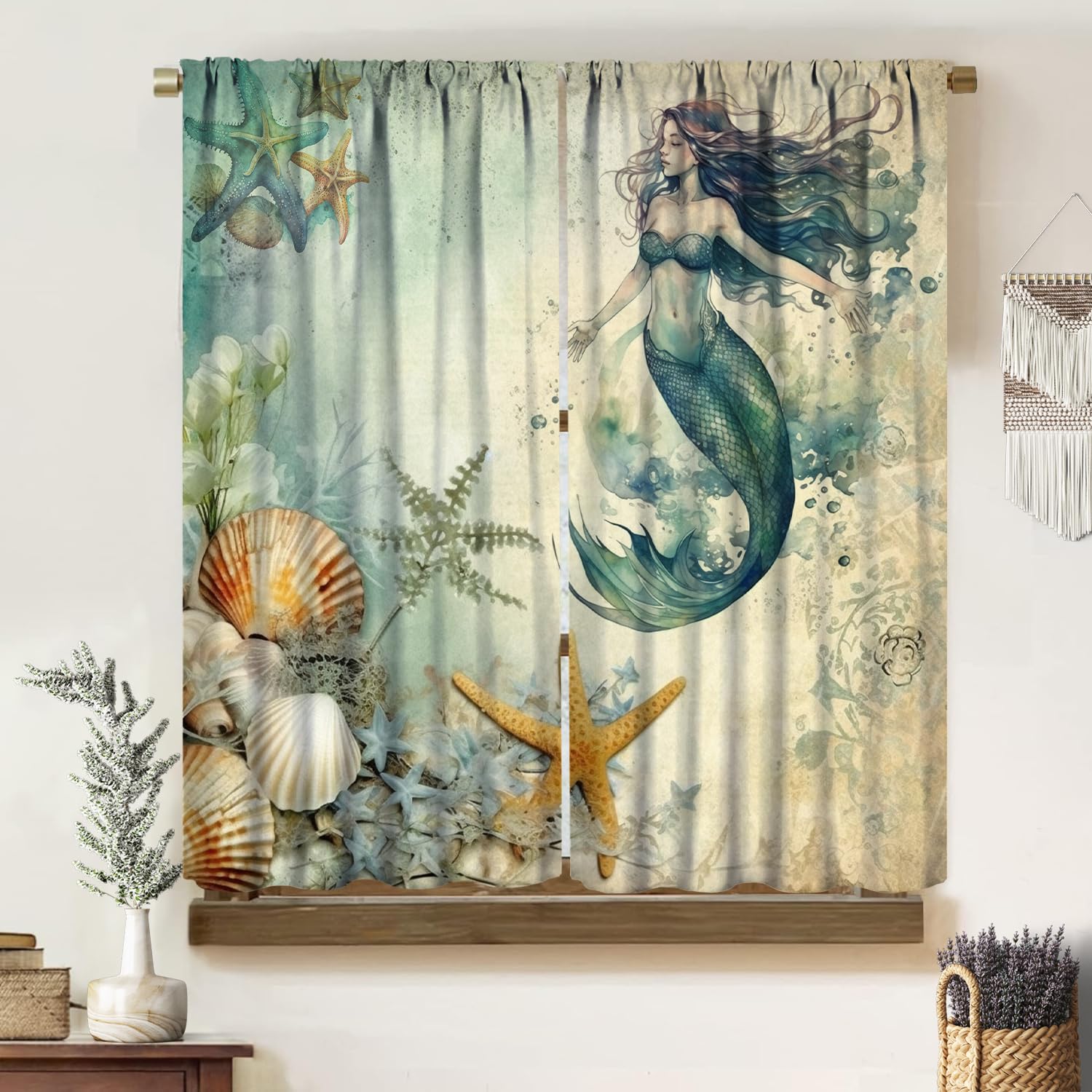 Vintage Mermaid Curtains, Medieval Art Hand Drawn Abstract Ocean Shell Starfish Seabed View Drapes for Child Teen Girl, Blackout Rod Pocket Window Treatments for Living Room Bedroom Bathroom 42x45in