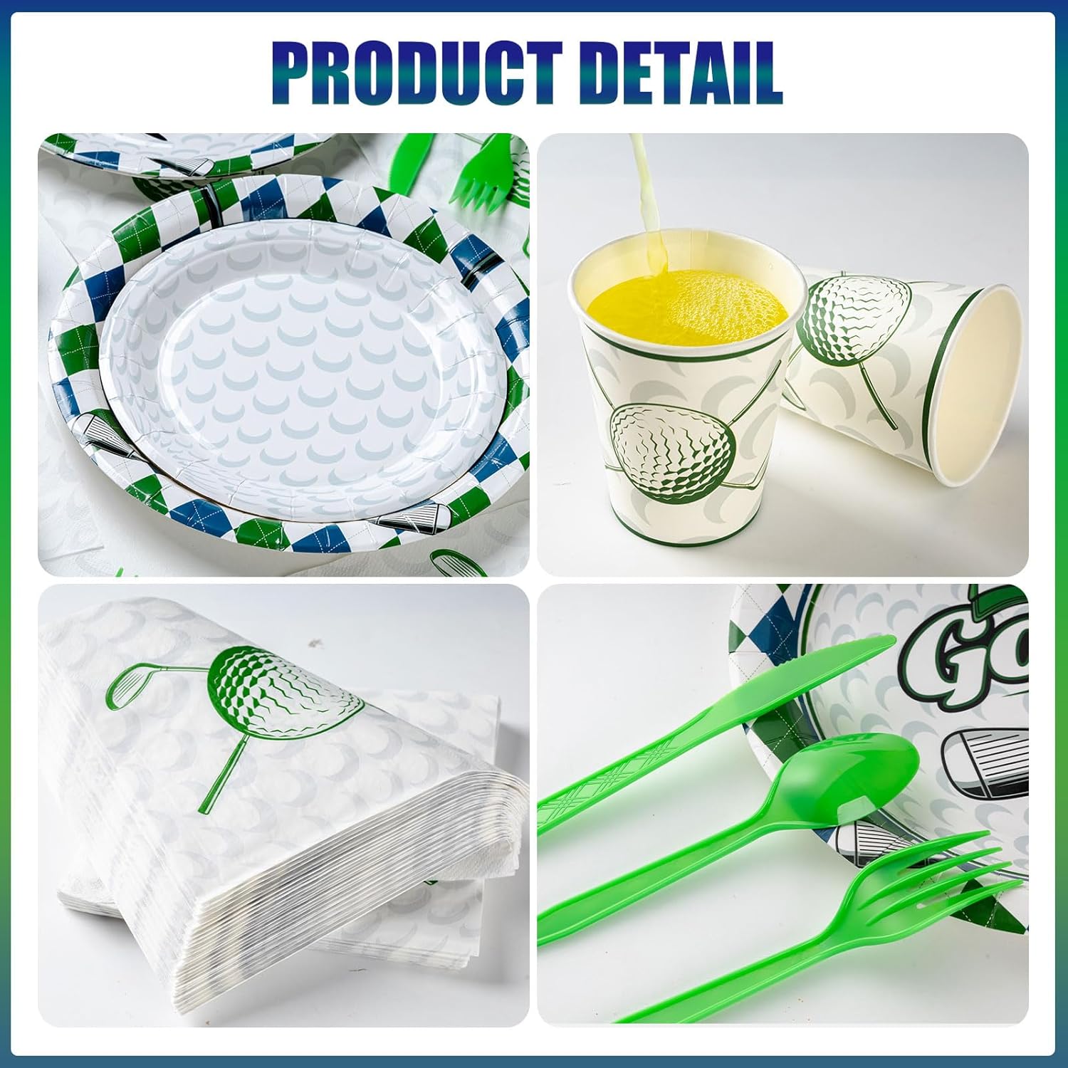 Golf Party Decorations Set for 50 Guests, 350 Pieces, Plates, Cups, Napkins, Cutlery, Green and White - Image 3