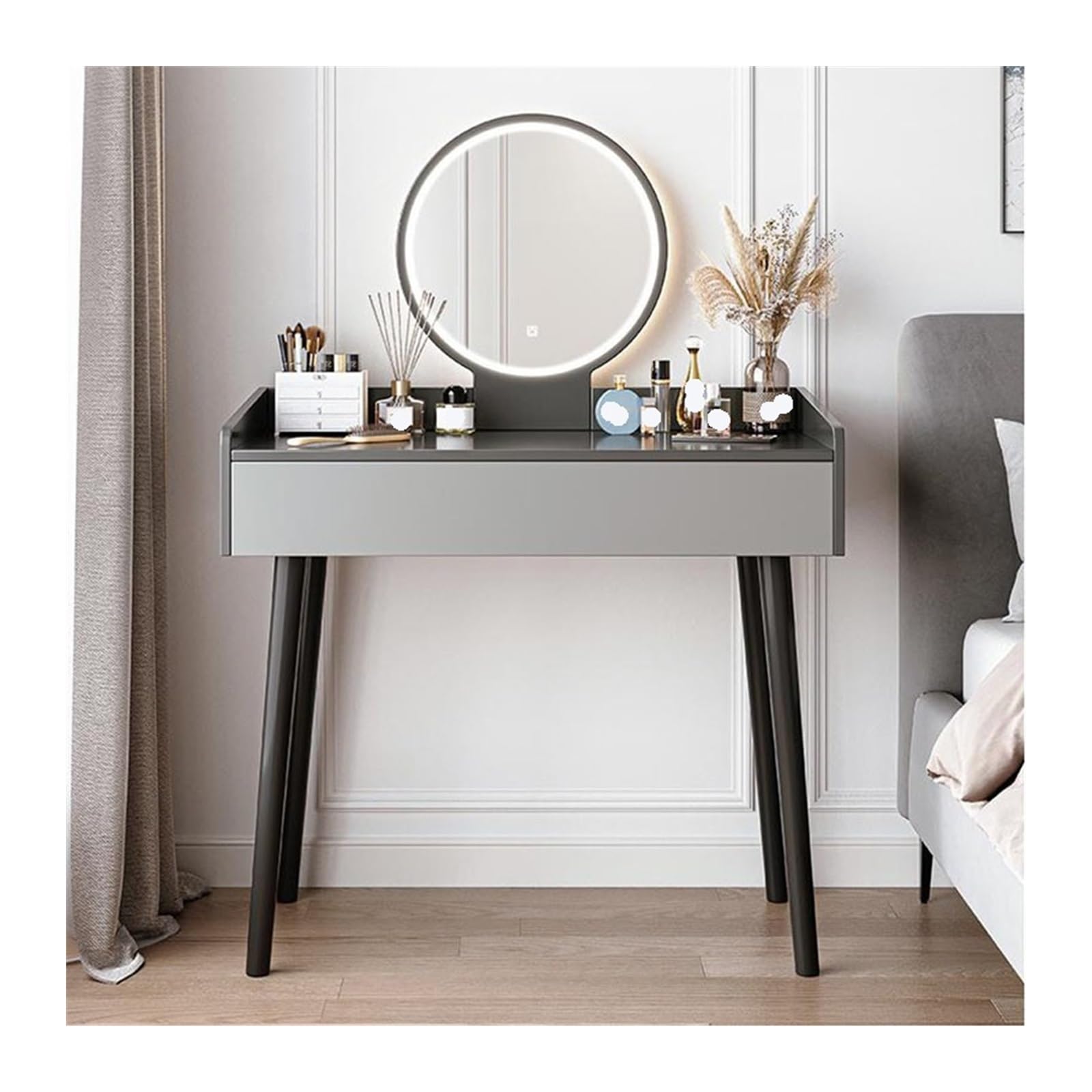 CGCSYZ Vanity Desk Gray Vanity Desk Makeup Vanity Table with Round mirror Vanity Set with Modern Desktopand 2 Storage Drawers, L 31.5inch Makeup Dressing Table (Gris L 80cm)