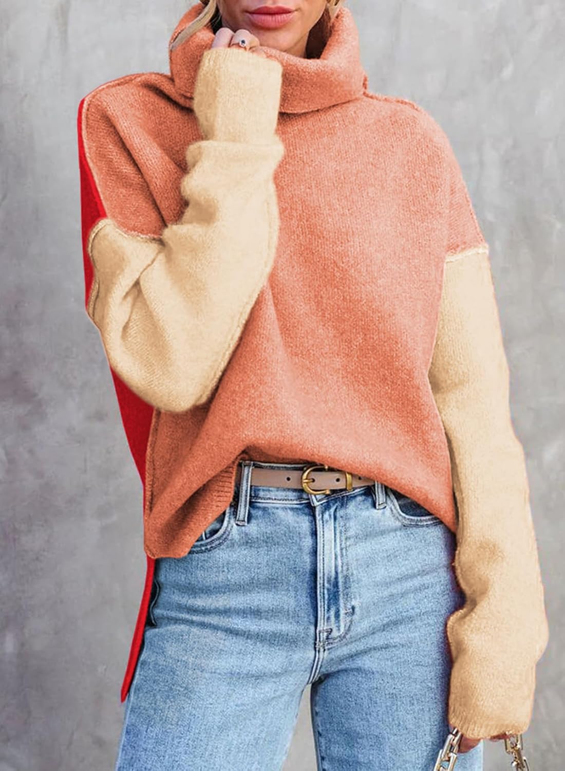 Dokotoo Womens Turtleneck Sweaters Casual Long Sleeve Color Block Side Slit Pullover Knit Jumper Tops - Image 3