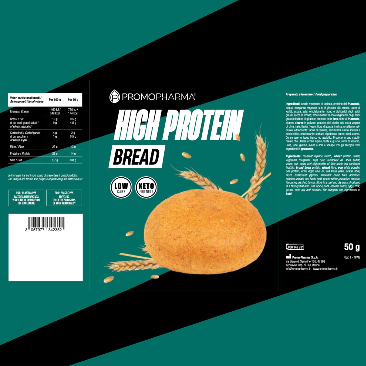 High Protein Bread - Pane Proteico Keto a Basso Contenuto di Carboidrati e Zuccheri - Snack Proteico per Dieta Chetogenica - Ideale per Dieta Proteica e Low Carb - 8 Panini da 50 g