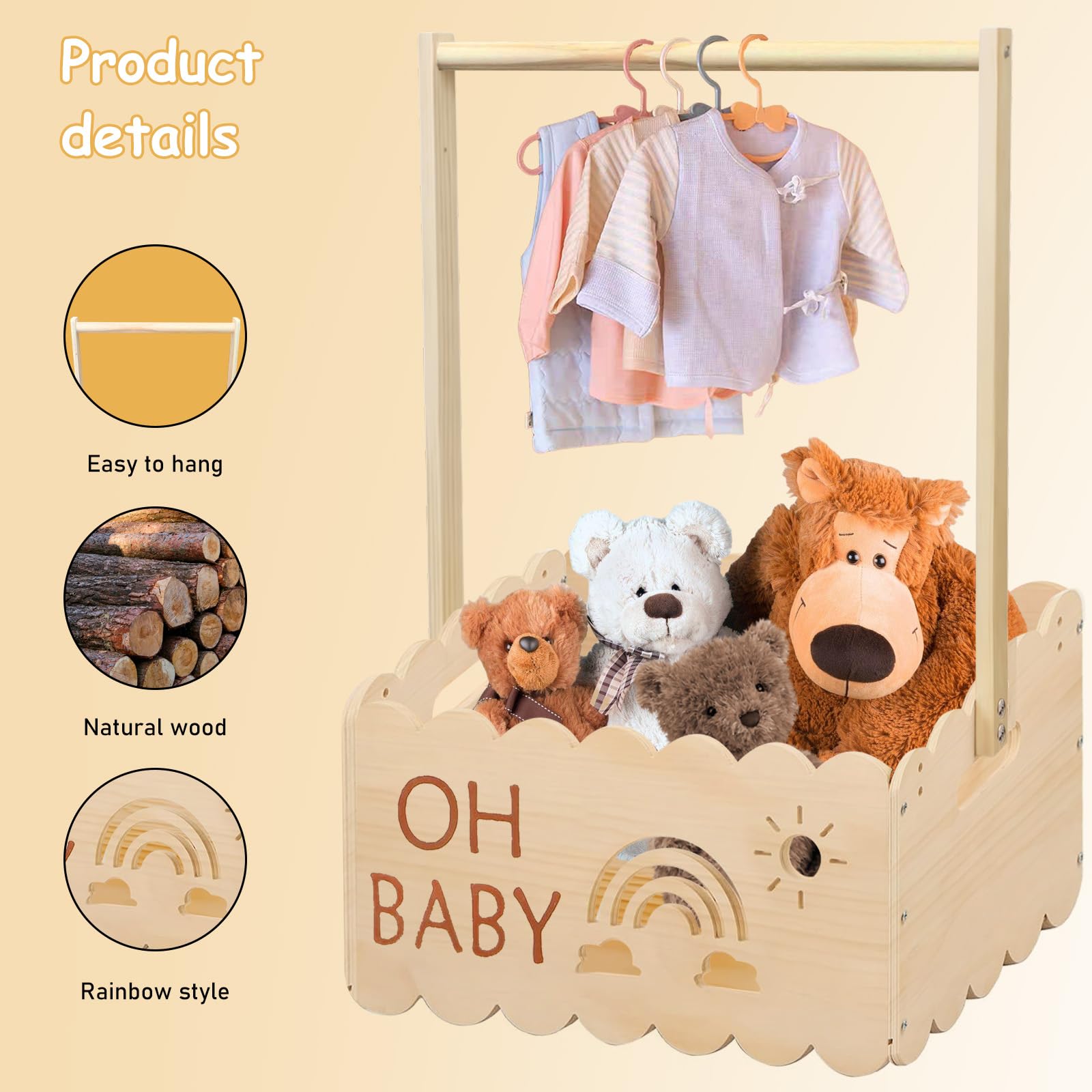 Panier Cadeau en Bois pour Bébé, 34x23x51cm Panier Cadeau pour Bébé avec Poignée, Coffre en Bois pour Fête Prénatale avec Poignée et 8 Cintres, Armoire pour Anniversaires, Fêtes Prénatales, Noël