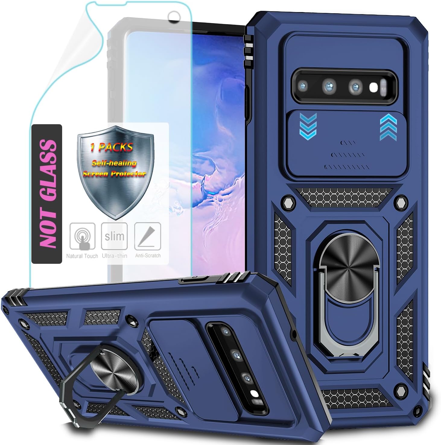 YmhxcY Mobile Phone Case for Samsung Galaxy S10 Case [with 1 Piece Protective Film] 360  Rotating Metal Stand Shockproof Protective Hard Shell Sliding Camera Cover Samsung Galaxy S10 Case Blue