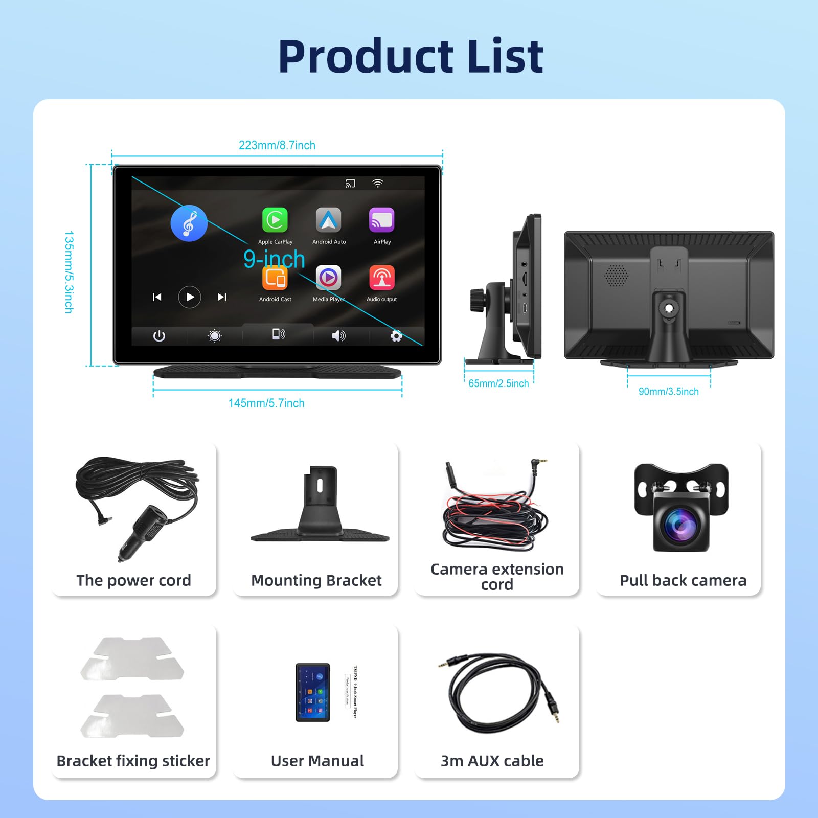 9 Zoll Tragbares Autoradio mit Wireless Carplay Android Auto Bildschirm, 7-32V Touchscreen mit Sprachassistent/Bluetooth/FM Transmitter/AUX+ Camera