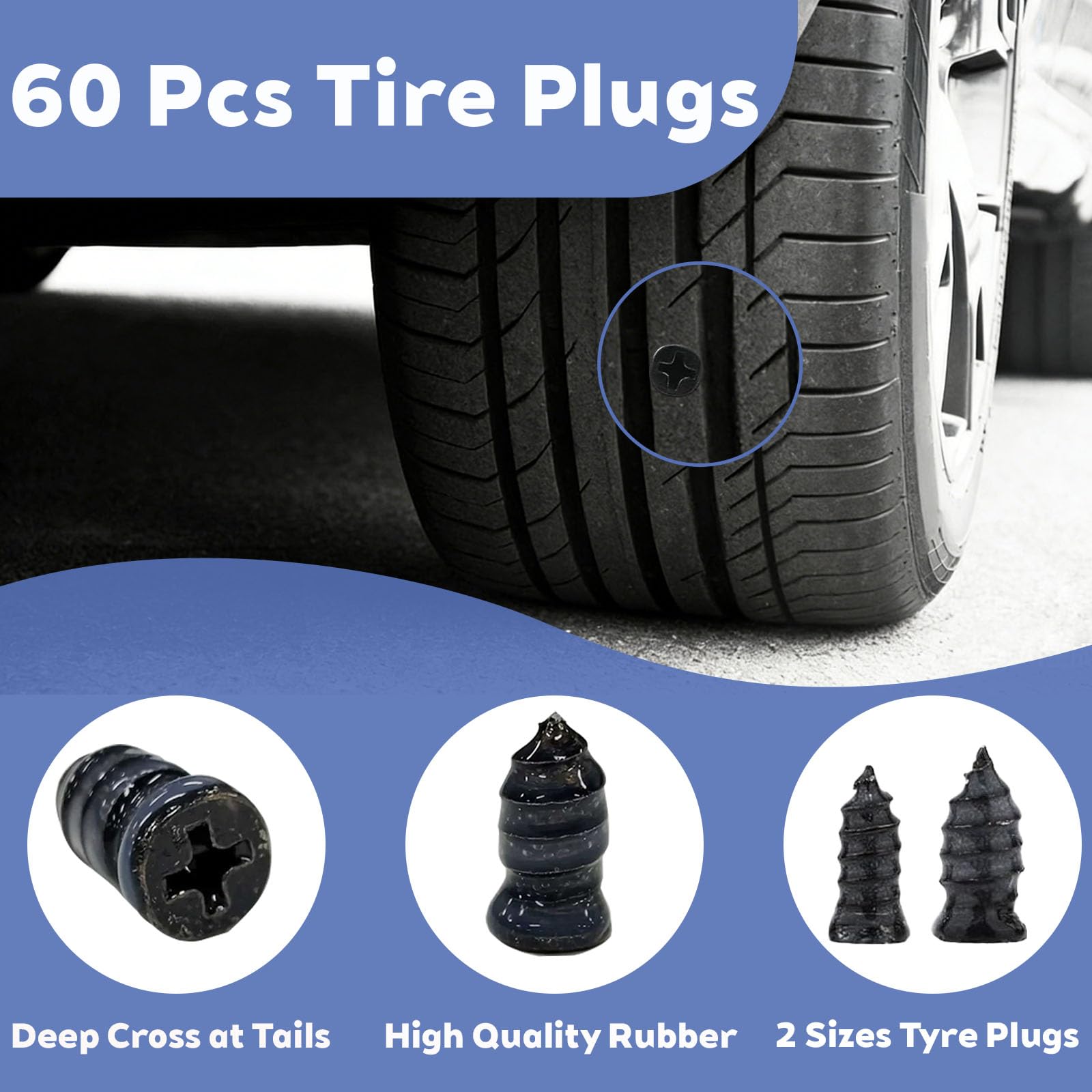 60 Pcs Tire Plugs 2 Sizes (30S/30L), Rubber Coated Emergency Tire Repair Kit with Screwdriver & 2 Color Protective Cases for Motorcycle Auto Car Truck Tractor - 3