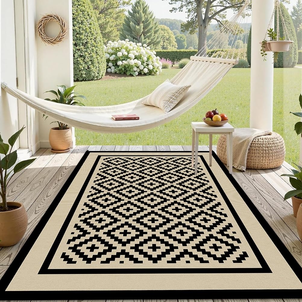Tapis Extérieur Terrasse Beige et Noir 120x180,Tapis Plastique Antidérapant Moderne,Tapis d'extérieur Imperméable,Resistant Pluie,Réversible pour Jardin Balcon Porche Plage Pique-Nique Camping