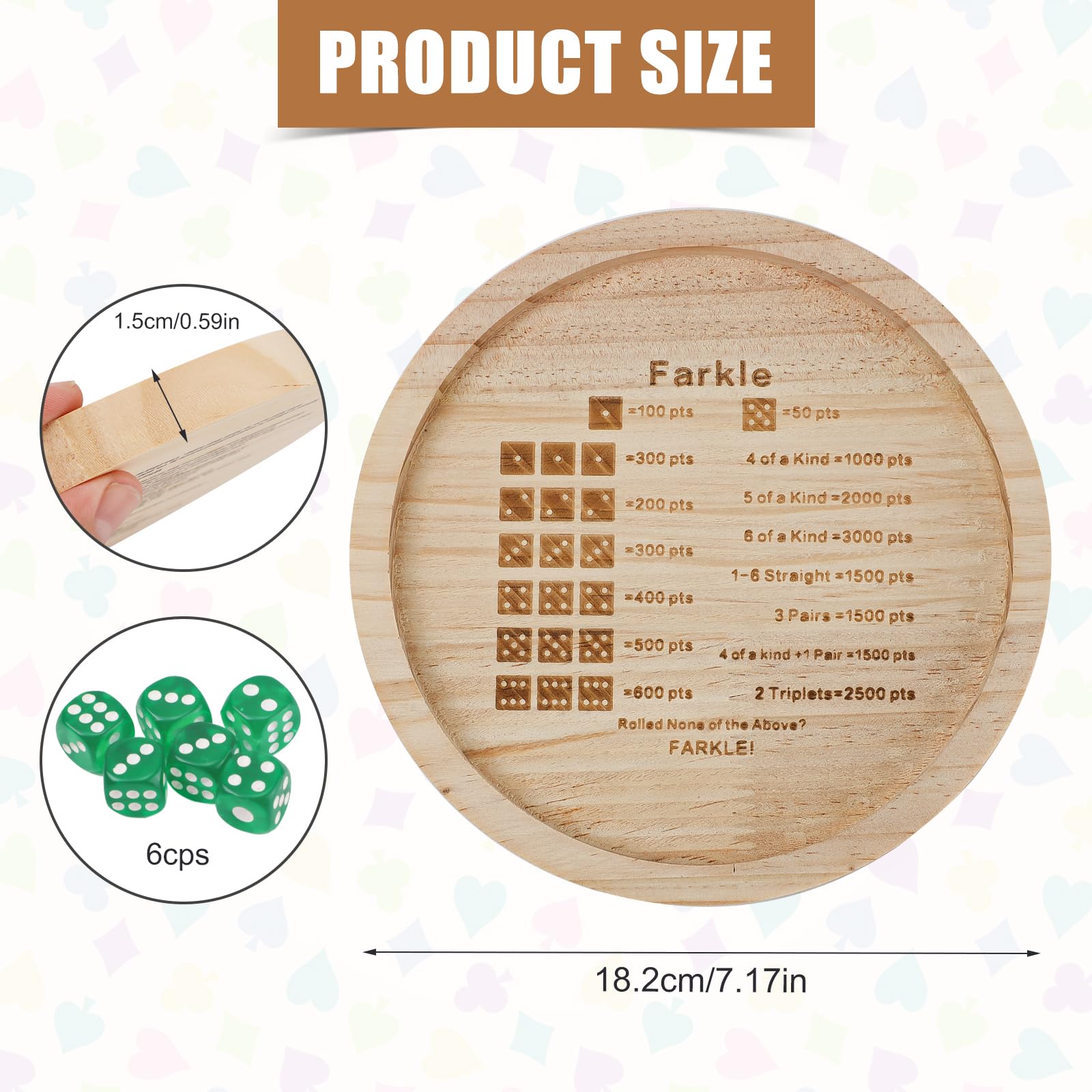 Vassoio per Dadi Farkle NQEUEPN, Vassoio per Dadi in Legno per Gioco Classico Farkle con 6 Dadi, 18,2cm Rotondo, Per Feste in Famiglia e Viaggi