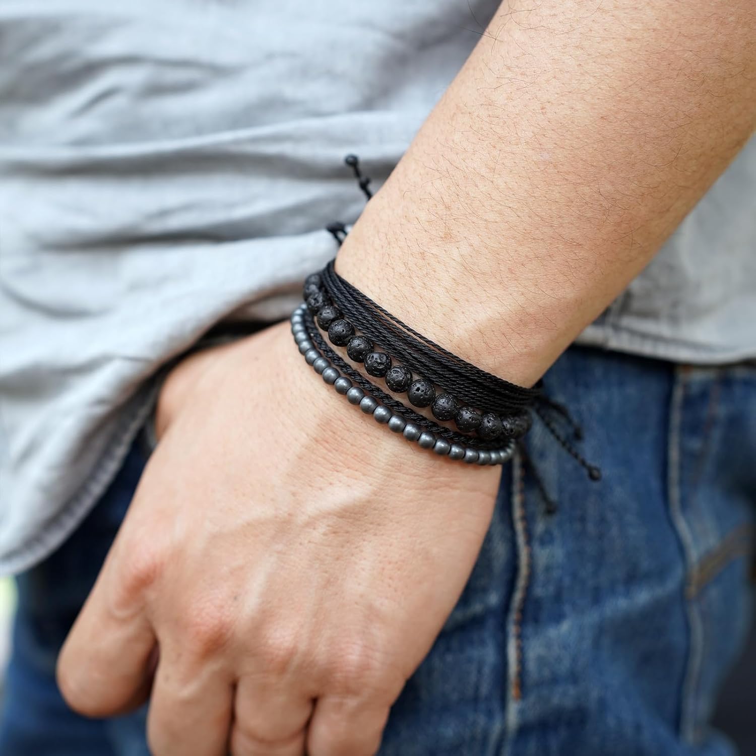 Handmade Natural Stone Beaded Healing Bracelet Gift for Men-Set of 4 Stackable Adjustable Waterproof String Rope Bracelets - Image 3