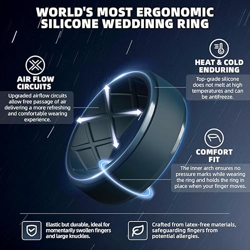 Miniatura 8 de Egnaro Anillo de silicona para hombre, 7 anillos, 4 anillos, 1 anillo con borde escalonado, bandas de boda de goma de 0.335 in de ancho - 0.098 in
