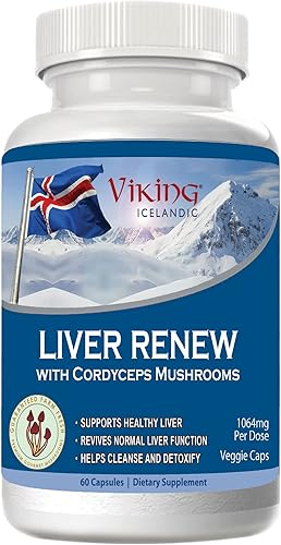 Viking Liver Renew Icelandic - Fórmula de apoyo para la salud hepática - Mezcla integral de hongos con hongos Cordyceps, Reishi, Shitake, melena de
