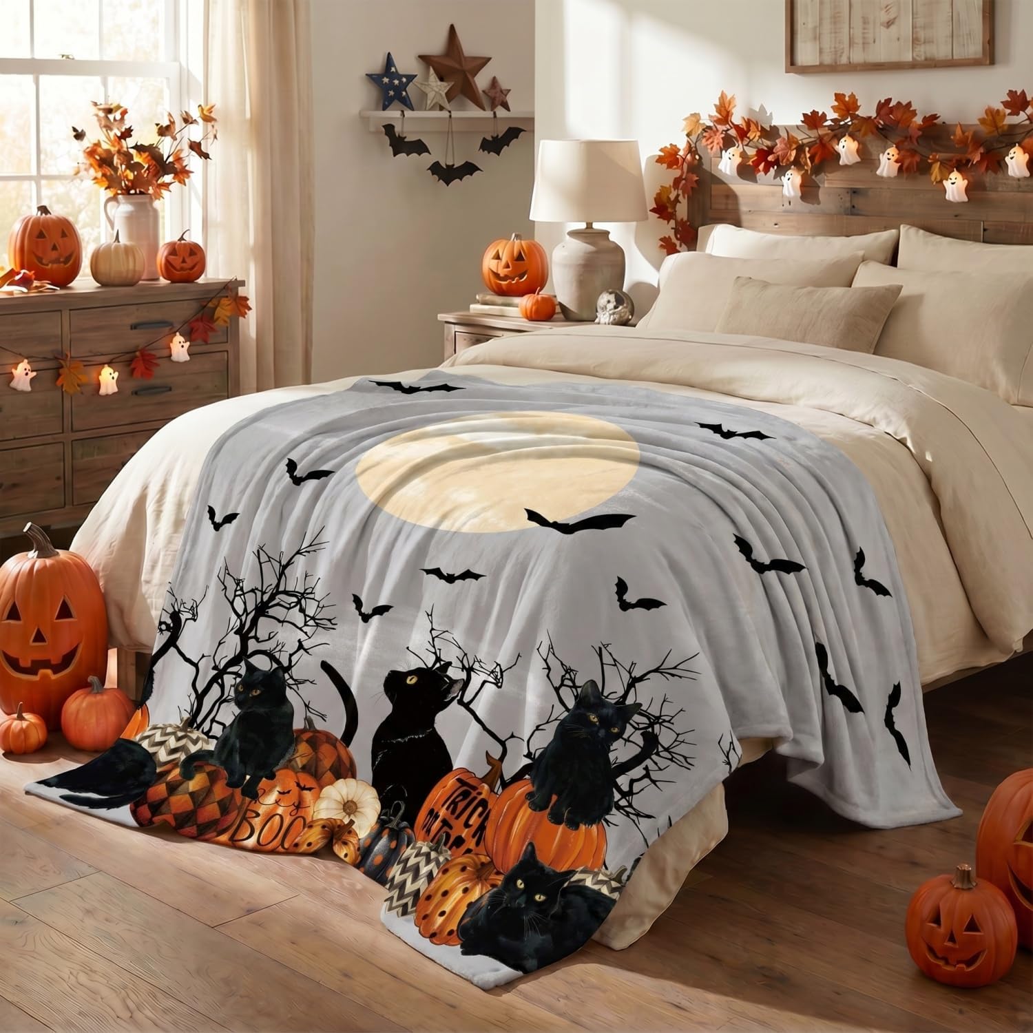 Horaldaily Halloween Pumpkin Moon Cat Flannel Throw Blanket 50x60