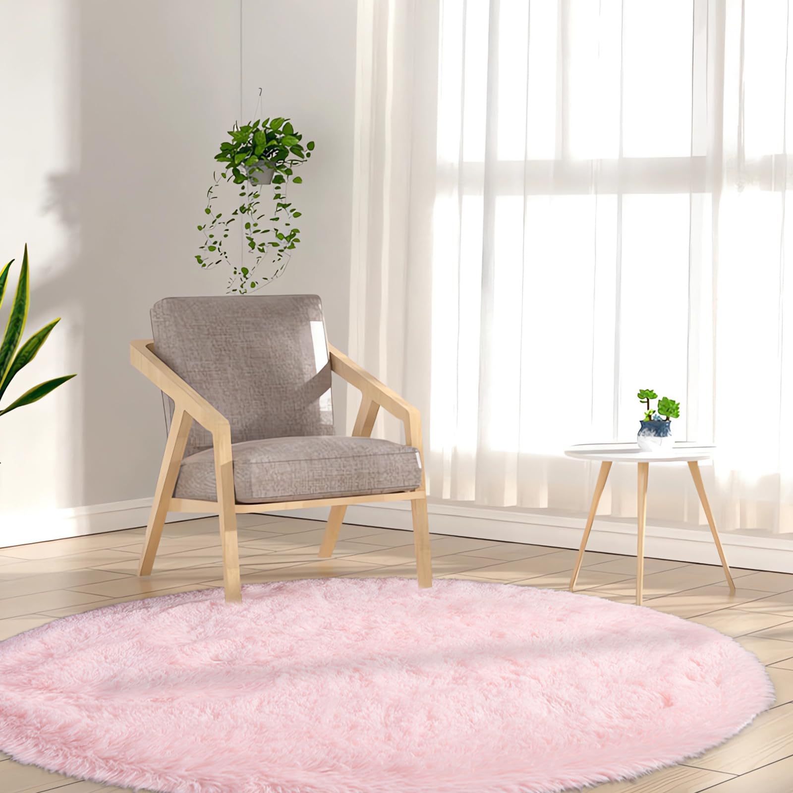 ConCus-T Pink Round Rug for Girls Shag Faux Fur Rug Pink Area Rug Fluffy Circle Carpet for Bedroom Living Room Bathroom 120cm - Image 4
