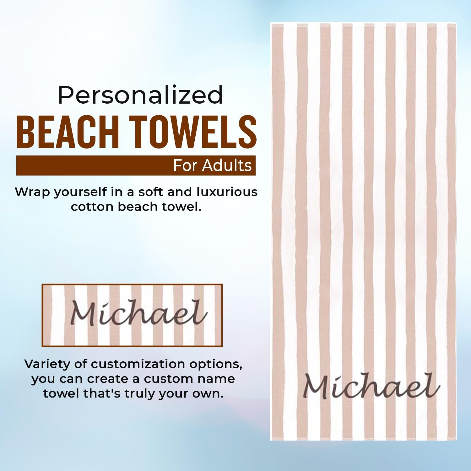 Personalized Passion Beach Towels for Adults - Custom Pool Towels with Name - Highly Absorbent Cotton - Striped Design for Women & Men - Large 70x30 Bath Sheet for Hotel, Swim & Camping - Beige