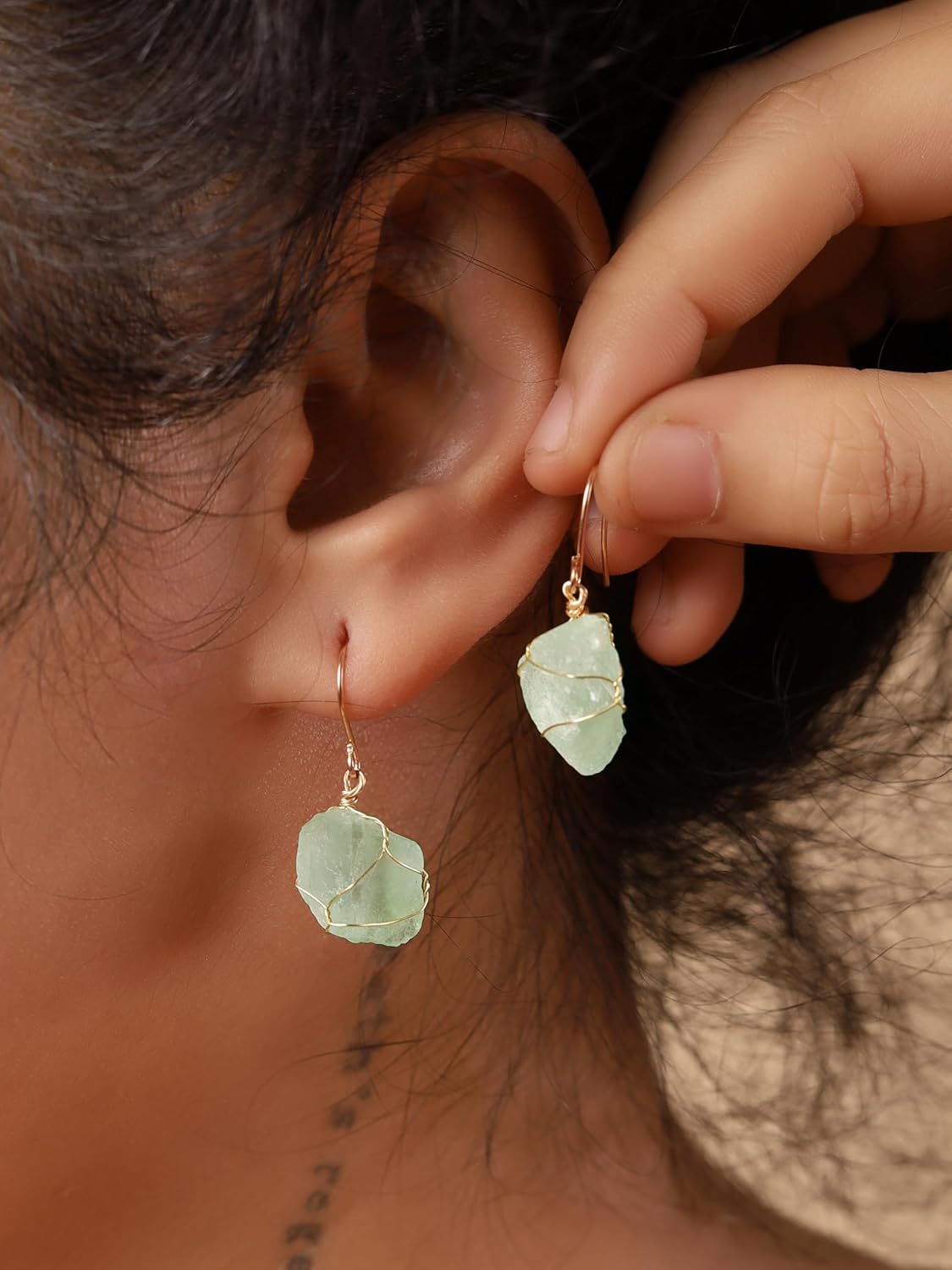 MINACHI Boho Raw Light Green Stone Drop Earrings, Handmade Wire Wrapped Hippie Dangles, Vintage Earrings For Women - Image 2