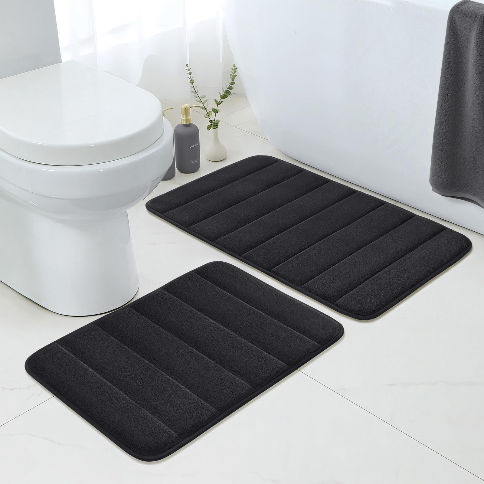 BYSURE Juego de 2 alfombras de baño de espuma viscoelástica negras, antideslizantes, extra absorbentes, peludas, suaves y secas, juego de alfombras de baño lavables de 17 x 24 pulgadas + 20 x 32