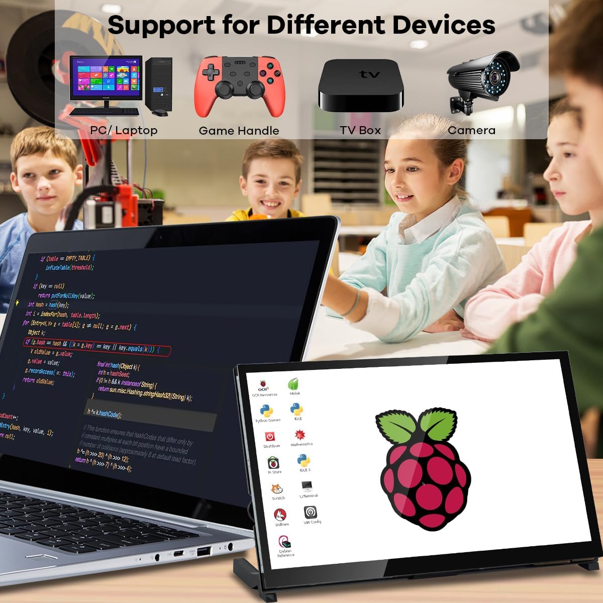 Image showing the LAFVIN 10.1 inch display connected to various devices: PC/Laptop, Game Handle, TV Box, Camera