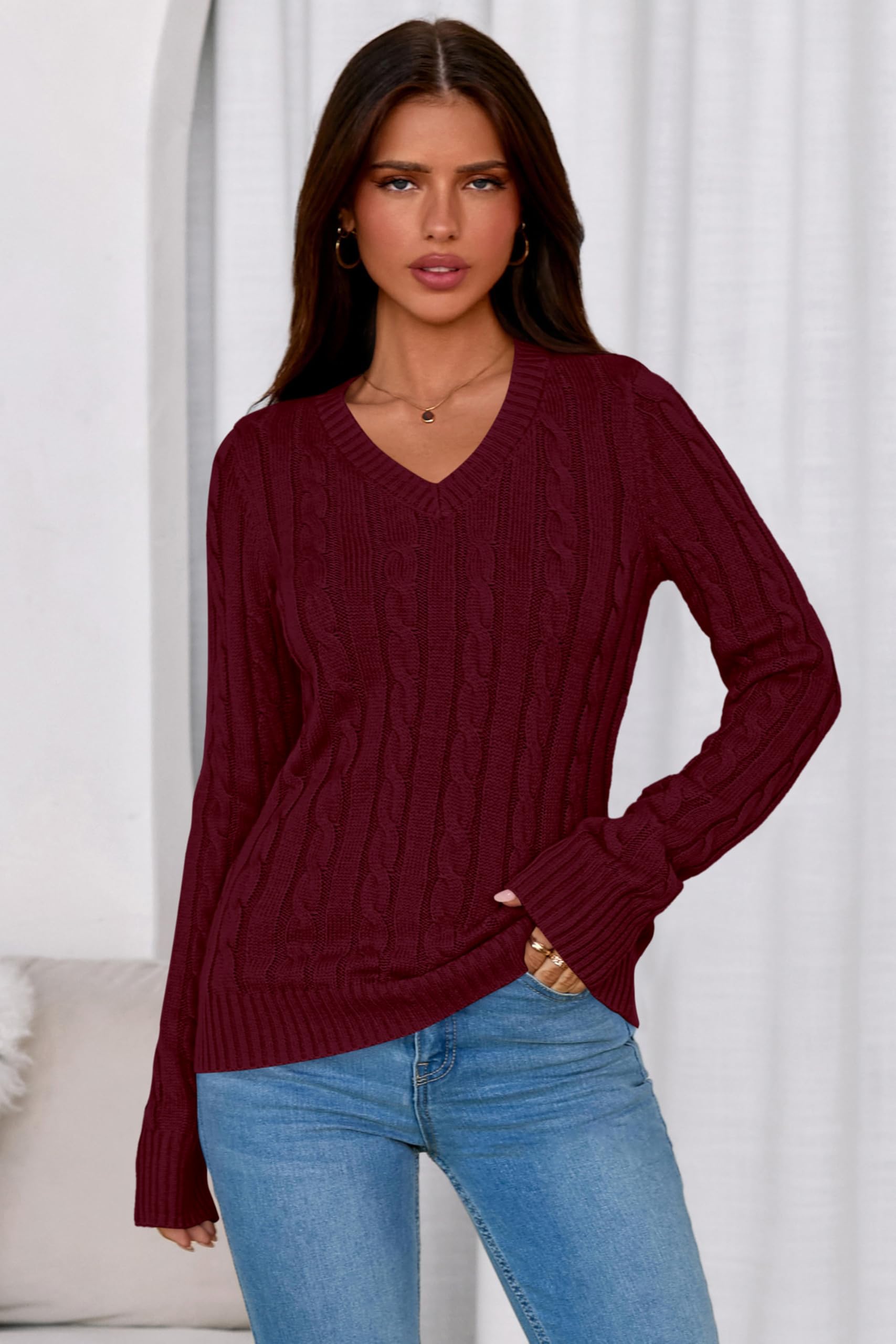 PRETTYGARDEN Pullover mit V-Ausschnitt und Zopfmuster für Damen, langärmelig, gerippt, tailliert, Pullover, Tops, Business, Freizeit, Herbst-Outfits