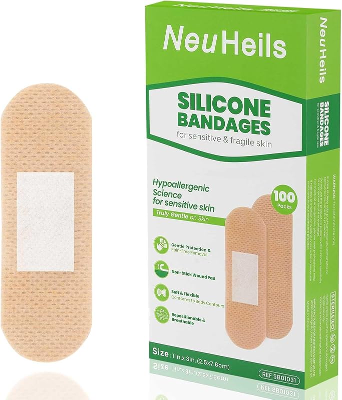 NeuHeils Silicone Bandages for Sensitive Skin 1"x3", 100 Pack, Latex Free | Hypoallergenic, Pain-Free Removal, Non-Stick Pad, Gentle on Fragile Skin, Flexible Fabric, Waterproof Wound Dressing