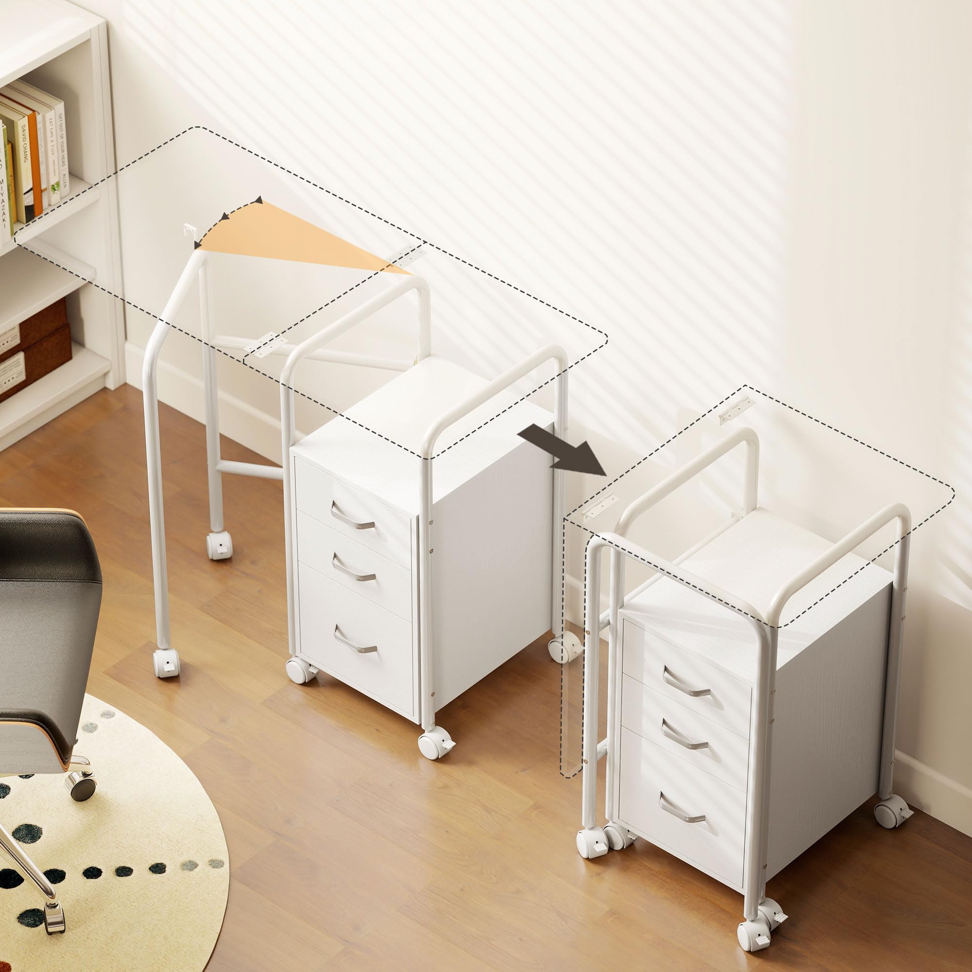 HOMCOM Escritorio Plegable con Ruedas y 3 cajones 105x51x75,5 cm Blanco | Escritorio para ordenador, sobre extensible, estructura de acero, para teletrabajo, dormitorio, estudio, estilo moderno.