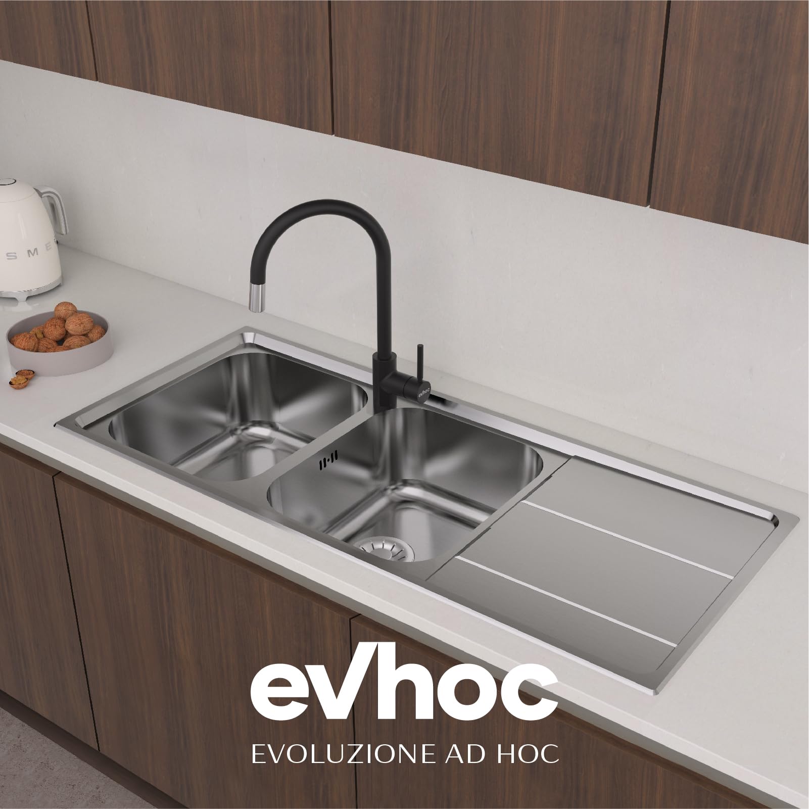 Evhoc Lavello Cucina Sopratop 116x50 cm 2 Vasche Sinistra con Gocciolatoio, Acciaio Inox AISI 304 Satinato, Piletta e Sifone Inclusi Inclusa, Made in Italy, Facile Pulizia, AURA L