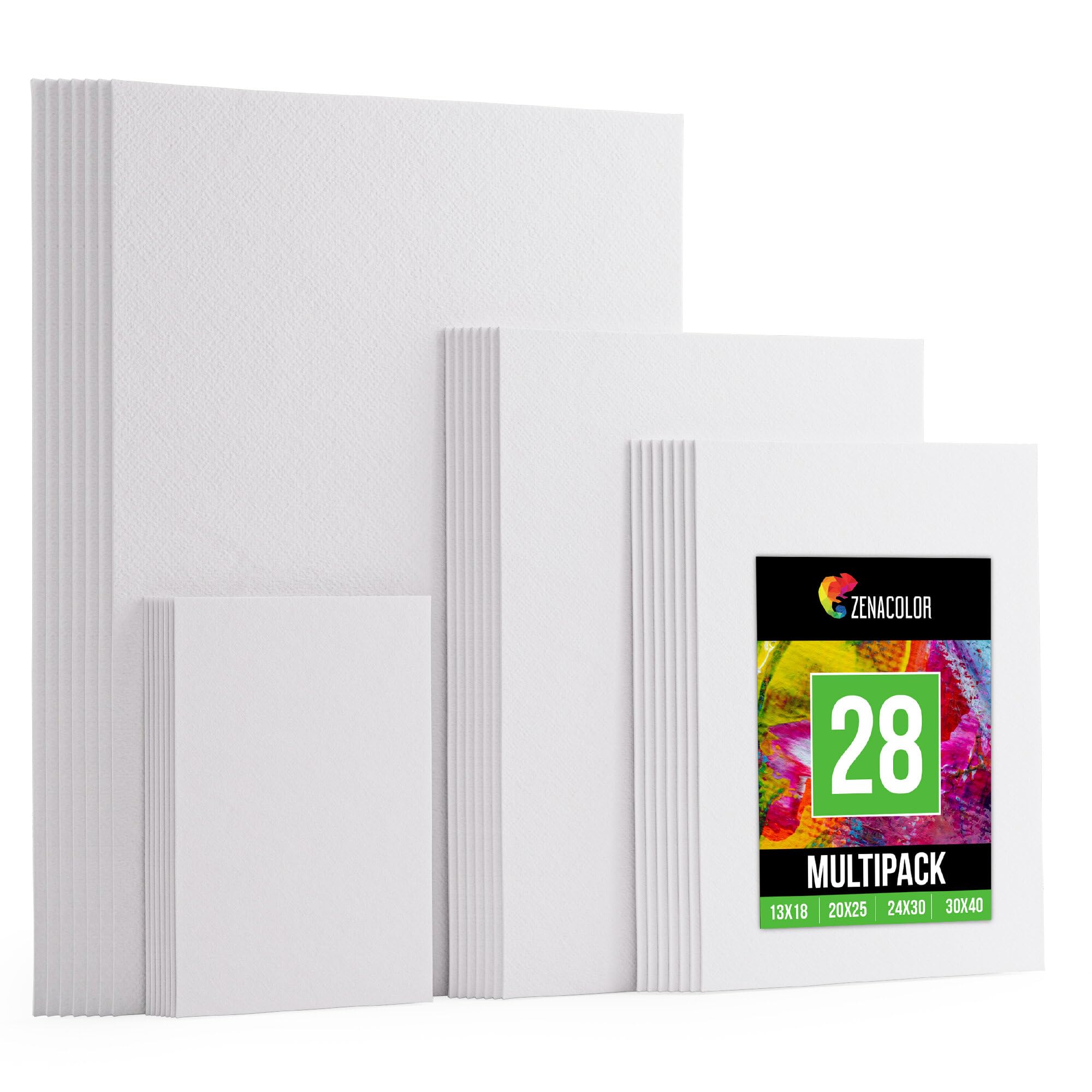Zenacolor - Set of 28 Canvas - Multi-Size Canvas for Painting - 13x18, 20x25, 24x30, 30x40-100% Acid-Free Cotton - Any Type of Painting on Canvas