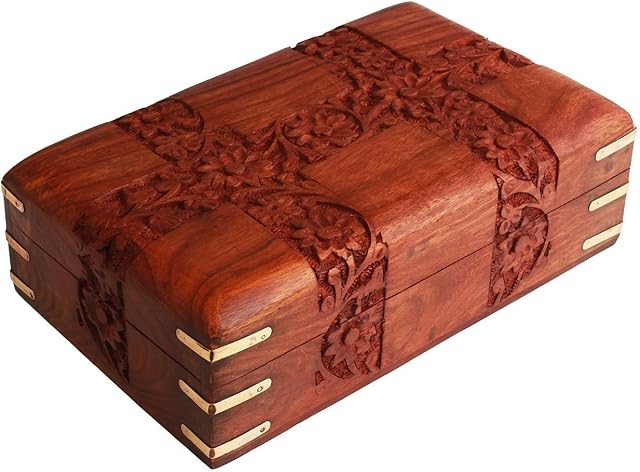 Store Indya - Handmade Wooden Jewellery Box Keepsake Storage Organizer Multipurpose Treasure Chest Trinket Holder for Women Men Girls Hand Carvings Designs