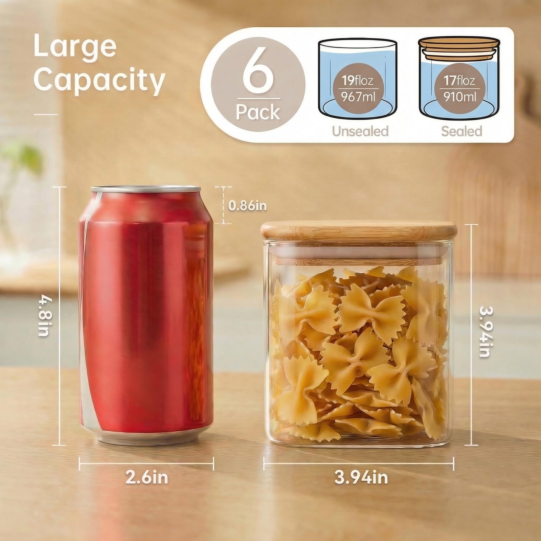 Wells Set Da 6 Barattoli In Vetro Quadrati 90ml Con Coperchio In Bambù: Contenitori Ermetici Per Alimenti, Ideali Per Caffè, Zucchero E Spezie