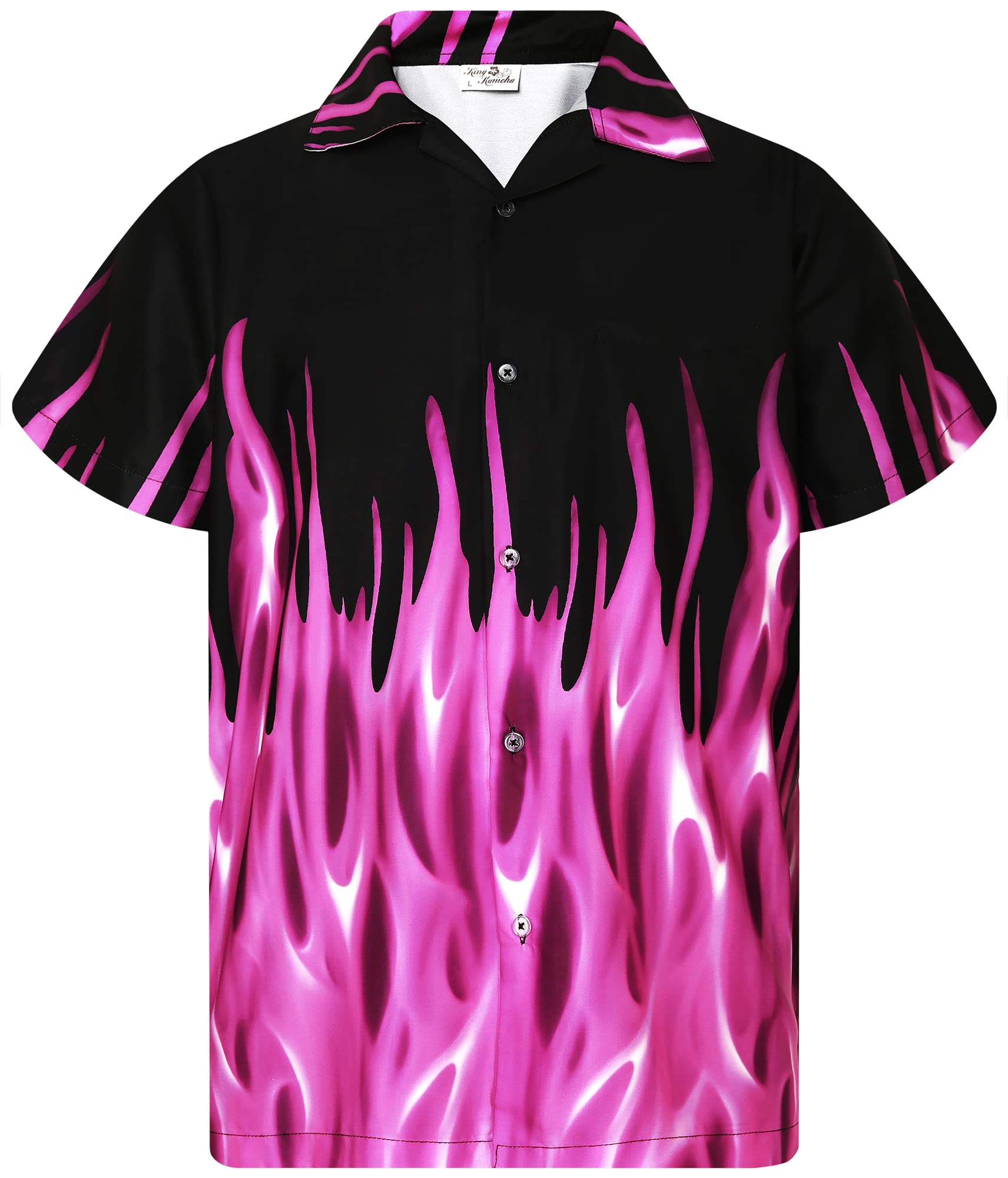 King Kameha Funky Hawaiian Shirt, Men, Shortsleeve, Flames, Purple, XXL