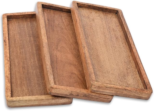 Samhita Mango Wood Serving Platter with Raised Edge -Set of 3 for Display Fruit Snacks Appetizer Sushi Food Decorative (30.48cm x 12.7cm x 1.90cm)