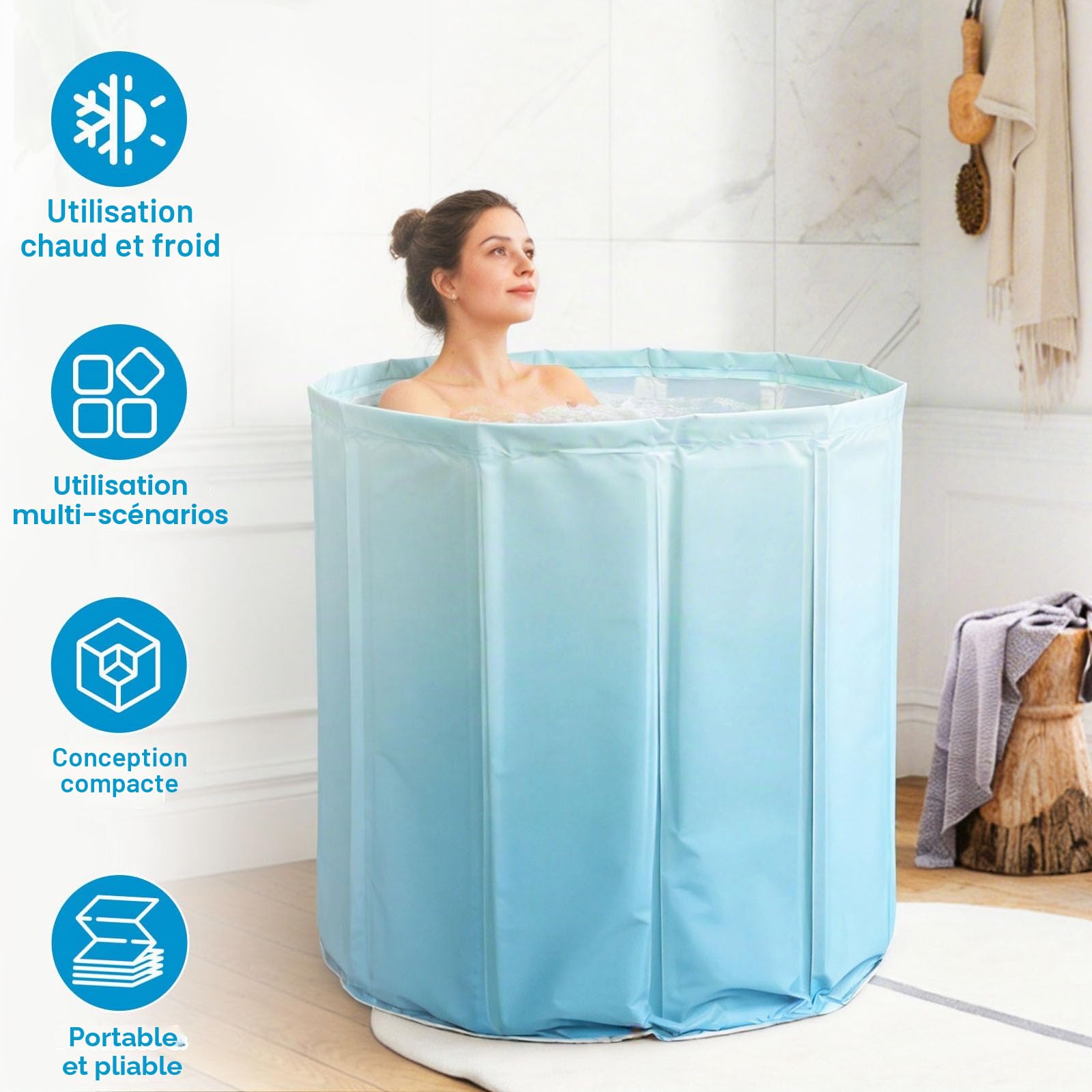Baignoire Pliante 70×65 cm pour Adulte – Bain Portable Profond pour Eau Chaude et Froide, Tuyau de Vidange et Coussin de Siège, Baignoire Pliable Gain de Place pour Petit Espace