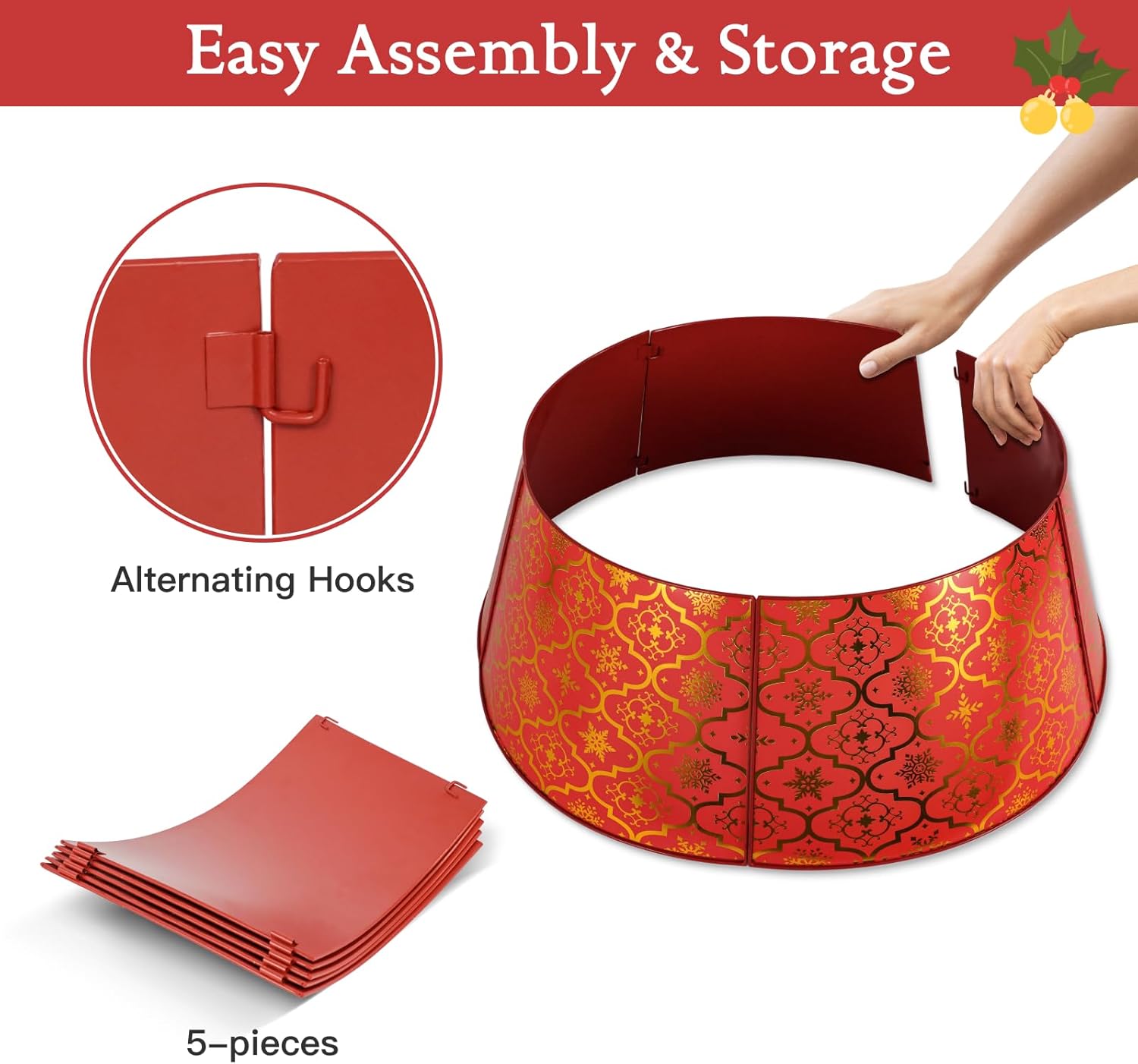 Putuo Decor 27in Red Christmas Tree Collars for 7.5 Ft Tree, Metal Christmas Tree Stand Cover for Artificial Trees, Adjustable Christmas Tree Base Cover, Christmas Tree Ring Collar for Pencil Tree