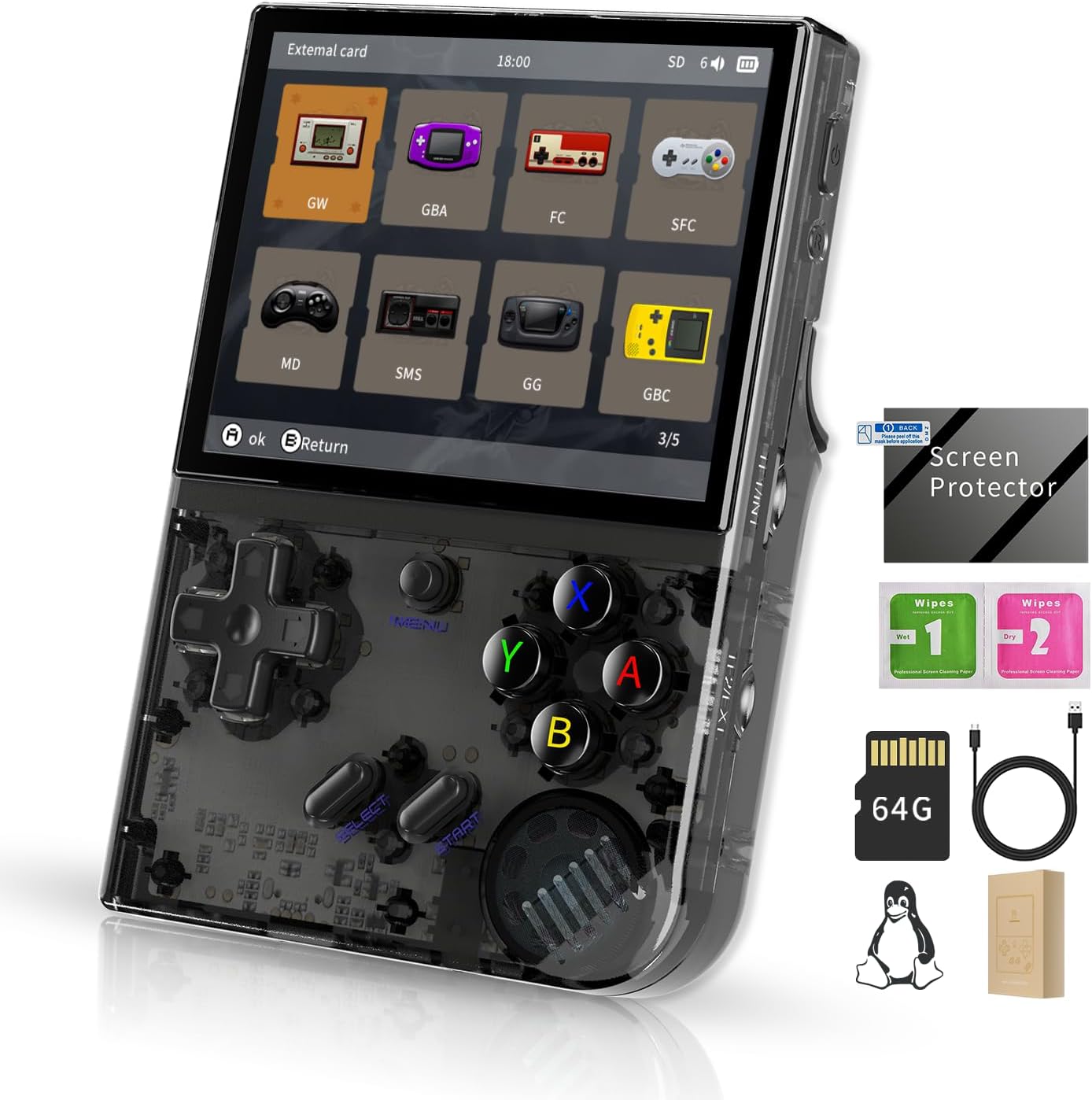 RG35XX Plus Retro Handheld Game Console 3.5 inch IPS Screen 3300mAh Battery Linux Players Built-in 64G Card 5515 Classic Games Support Wireless Wired Controller (RG35XX Plus BlackTP)