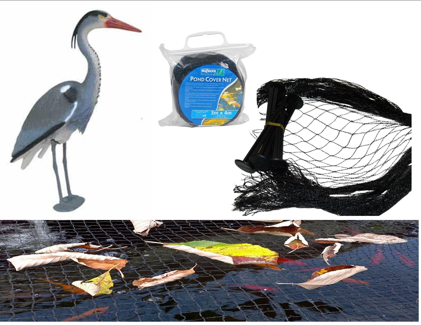 Small Water Garden Koi Fish Pond Heron Defense Kit, Includes Heron Decoy and Pond Cover Netting, Protects Koi Fish from Blue Heron Birds, Cats & Predators – Reusable & Stakes Included