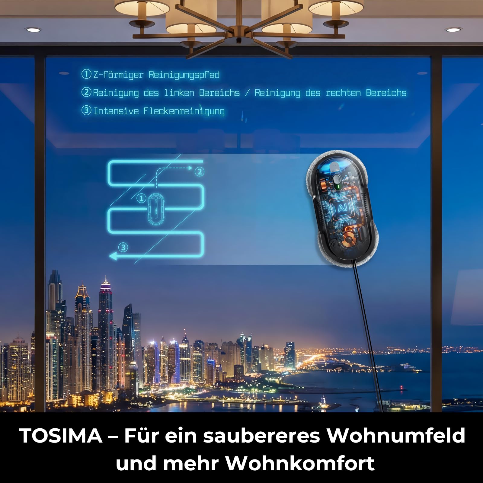 Tosima X1 Fensterputzroboter – Fensterroboter mit Doppeldüsen & Ultraschall-Wasserzerstäubung, 85-ml-Wassertank mit Sichtfenster, automatischer Fensterputzer