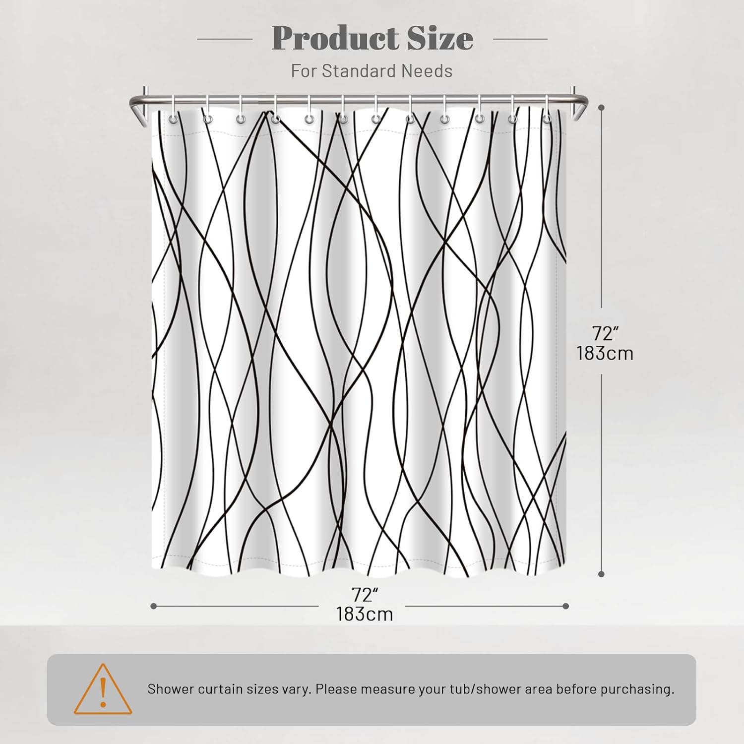 Punkray Black and White Striped Wavy Line Polyester Shower Curtain for Bathroom with Hooks, Weighted Hem, Waterproof Bath Accessories Hotel Style, 72 x 72