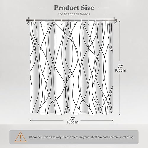Miniatura 6 de Punkray Cortina de ducha de tela ondulada a rayas blancas y negras para baño con 12 ganchos, cortinas de ducha para baño de 72 pulgadas de largo,