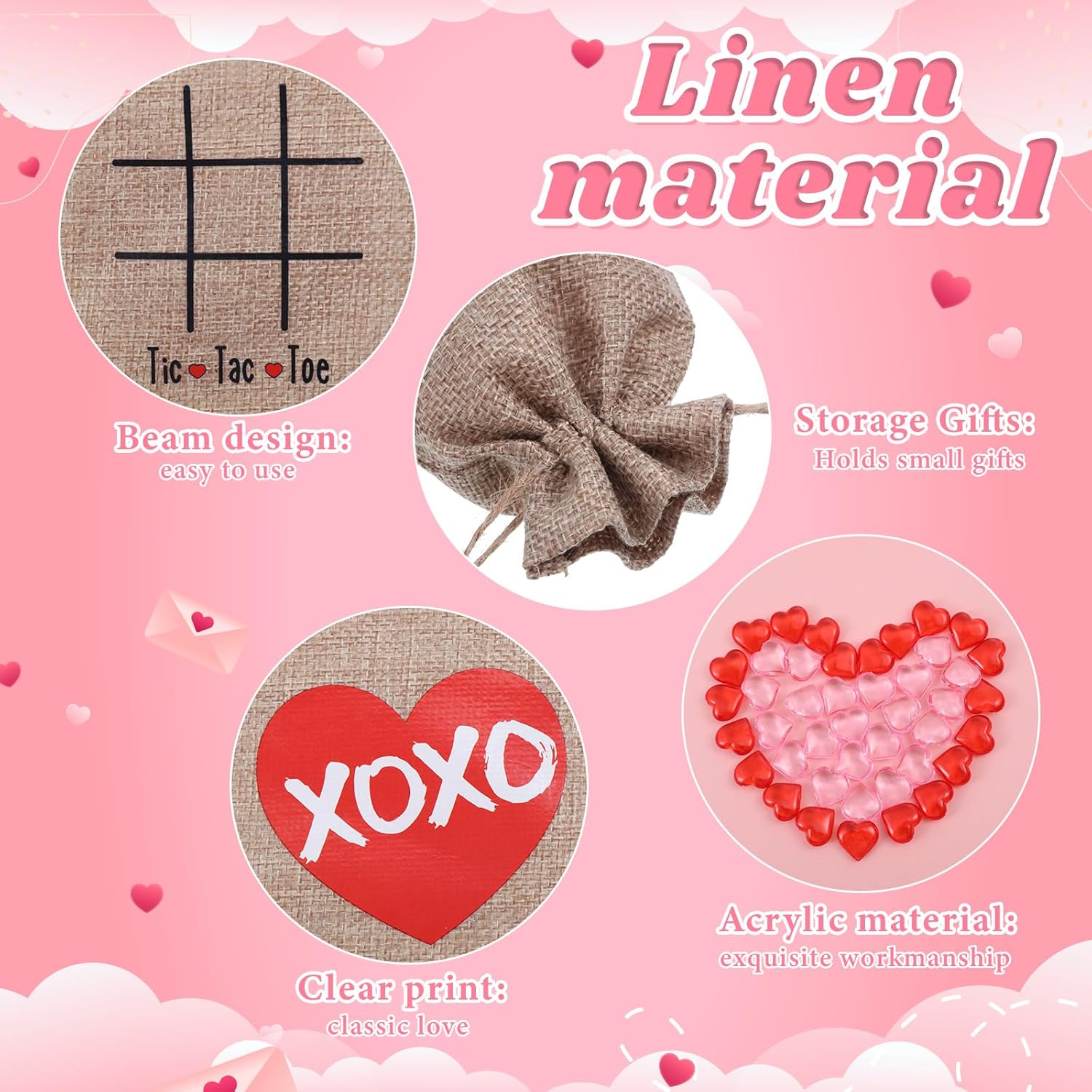 Woanger 24 Pcs Valentine Tic Tac Toe Bag 4 x 6" Linen Storage Bag with 300 Pink Red Acrylic Heart Valentine Vase Filler Heart Shaped Beads Table Decoration for Valentine's Day Wedding Party Game