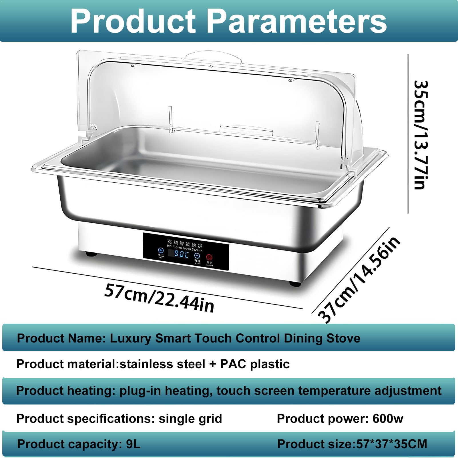 Elektryczny podgrzewacz do potraw Chafing Dish 9L, podgrzewacz do potraw ze stali nierdzewnej o mocy 600 W z regulacją temperatury do cateringu, wesel, restauracji i rozrywki 1Slot