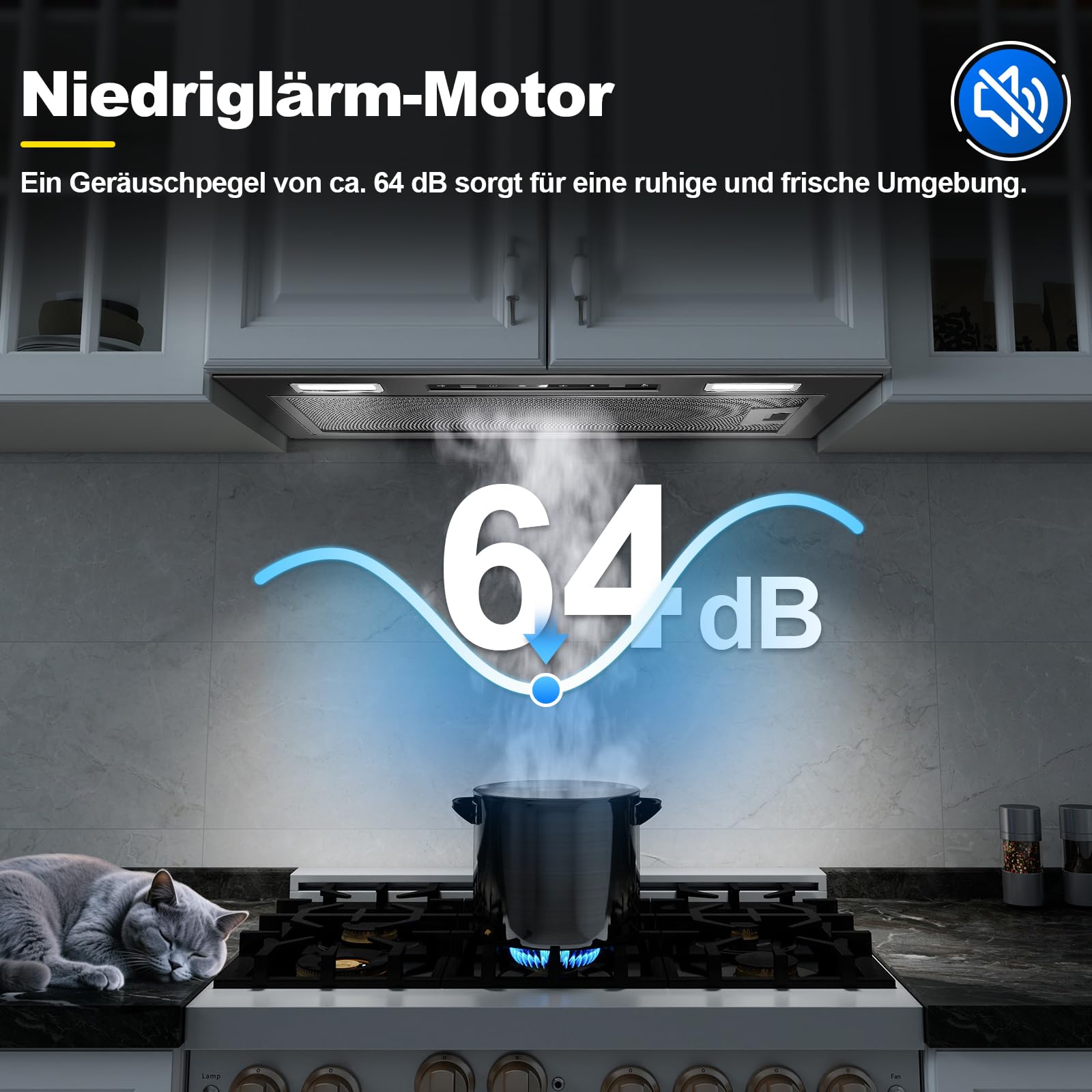 Einbau Dunstabzugshaube 52cm 750m³/h Abluft/Umluft Schwarz Gestensteuerung Touch 3 Leistungsstufen Booster Aktivkohlefilter